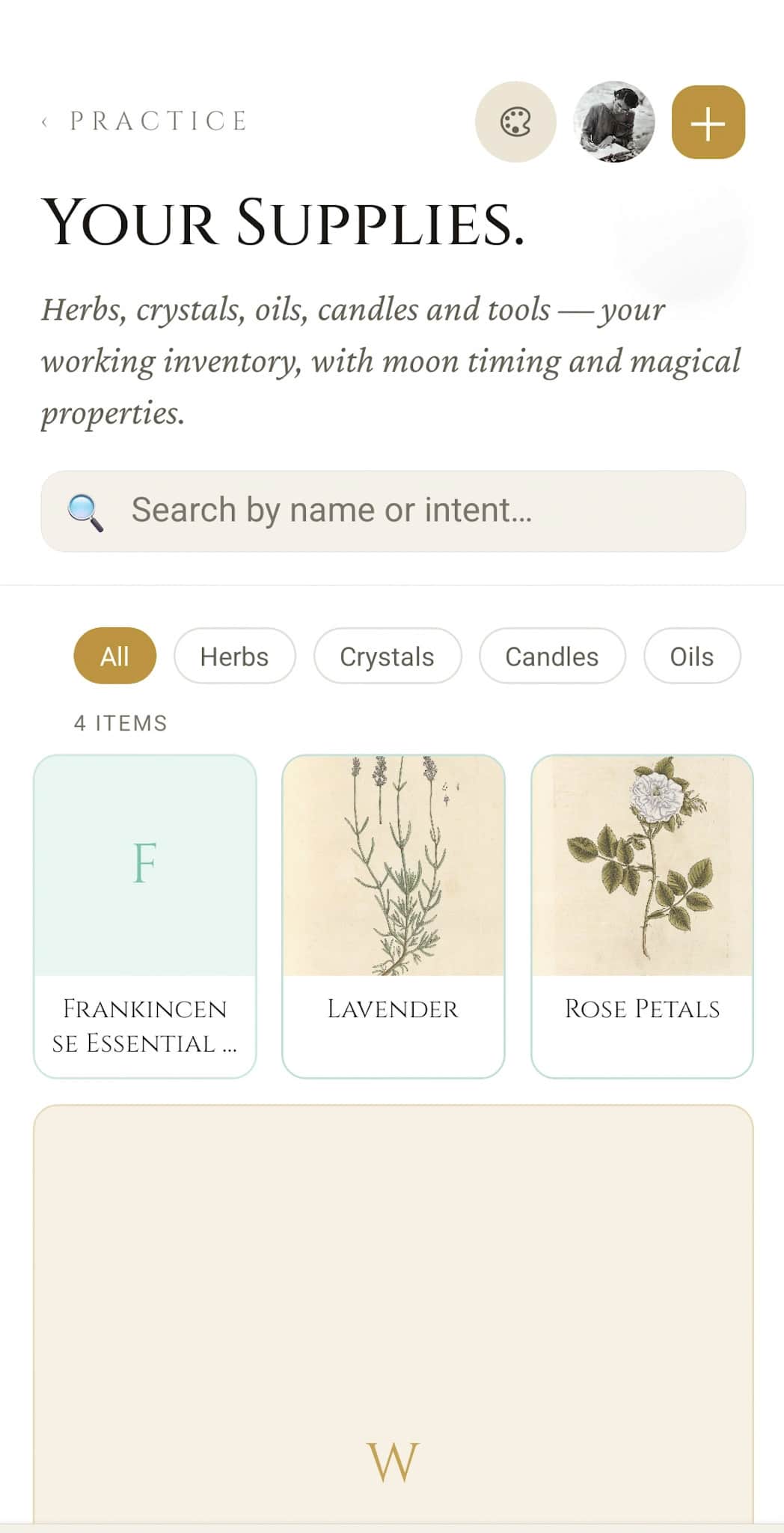 Apothecary home: Your Supplies stock list with search, filter chips for Herbs/Crystals/Candles/Oils, and items including Frankincense, Lavender, and Rose Petals