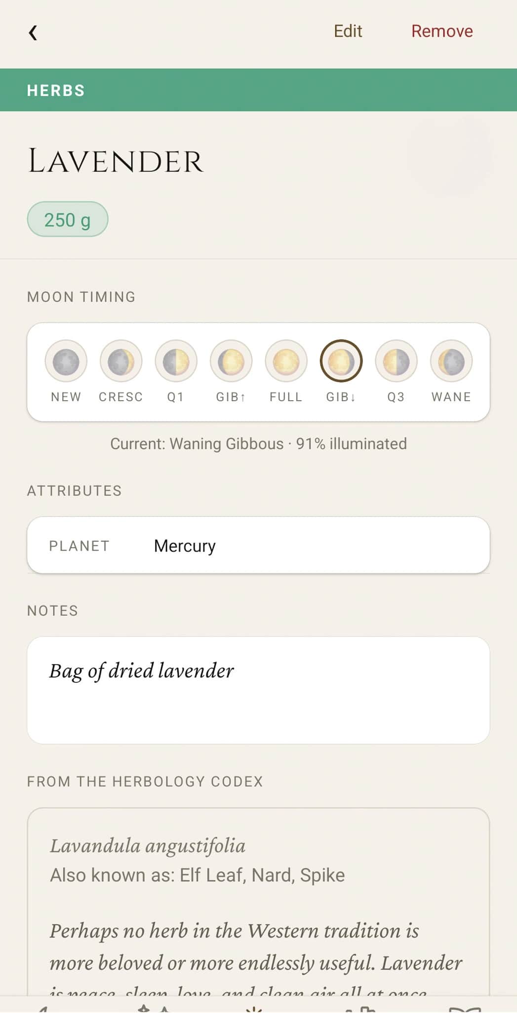 Lavender stock detail: 250g, moon-timing dial showing the optimal phases for harvest, planetary attribute, notes field, and the start of the Herbology codex extract