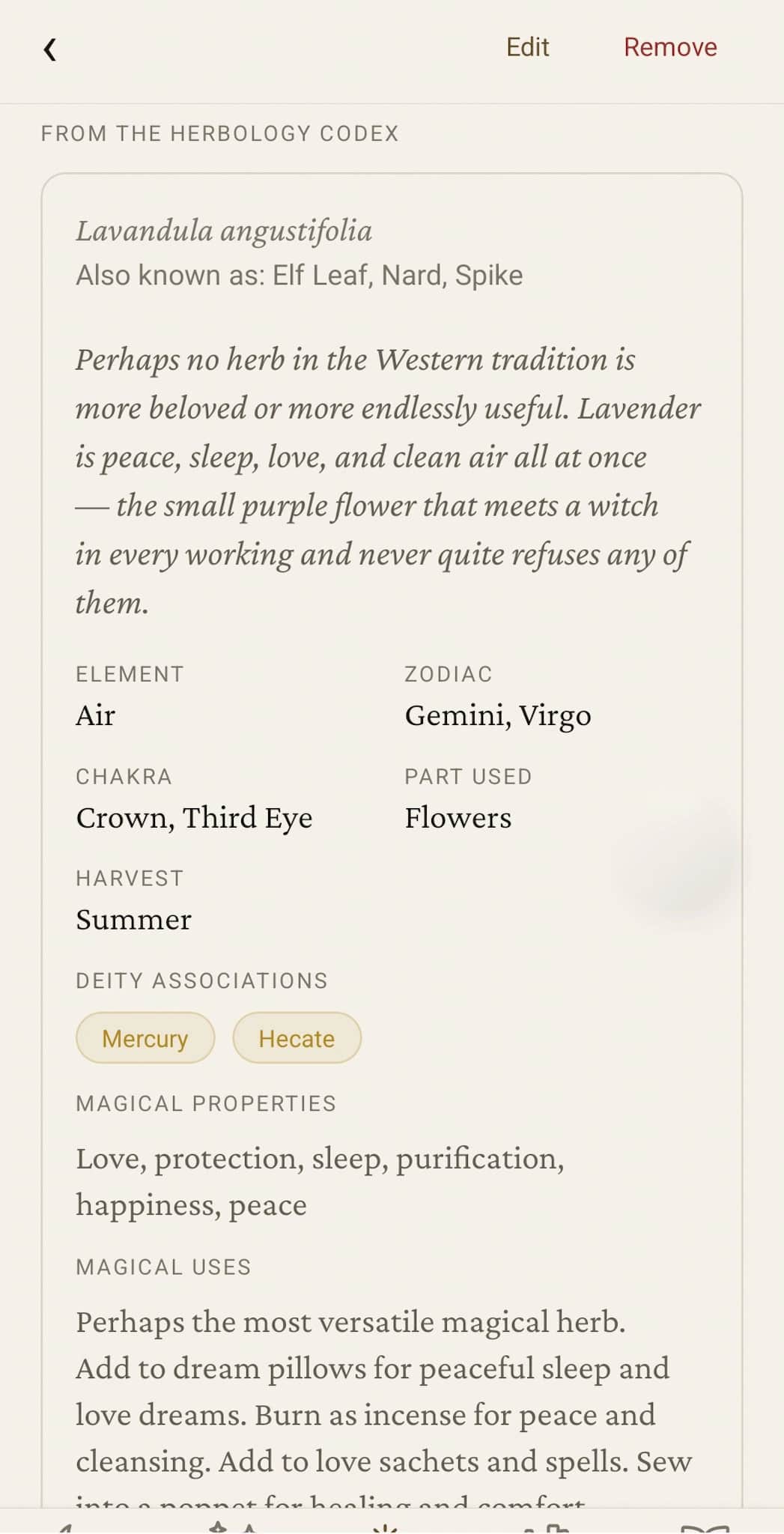 Lavender codex extract: element, zodiac, chakra, harvest season, deity associations (Mercury, Hecate), magical properties, and magical uses