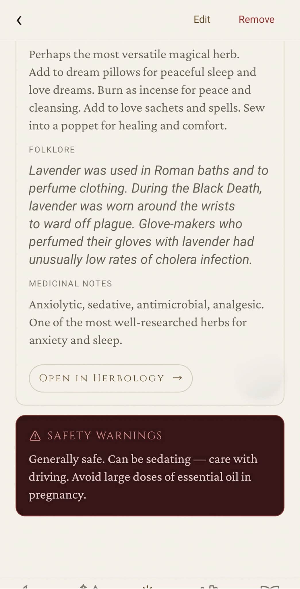Lavender entry: folklore, medicinal notes, link to open the full Herbology profile, and a safety-warnings panel for responsible practice