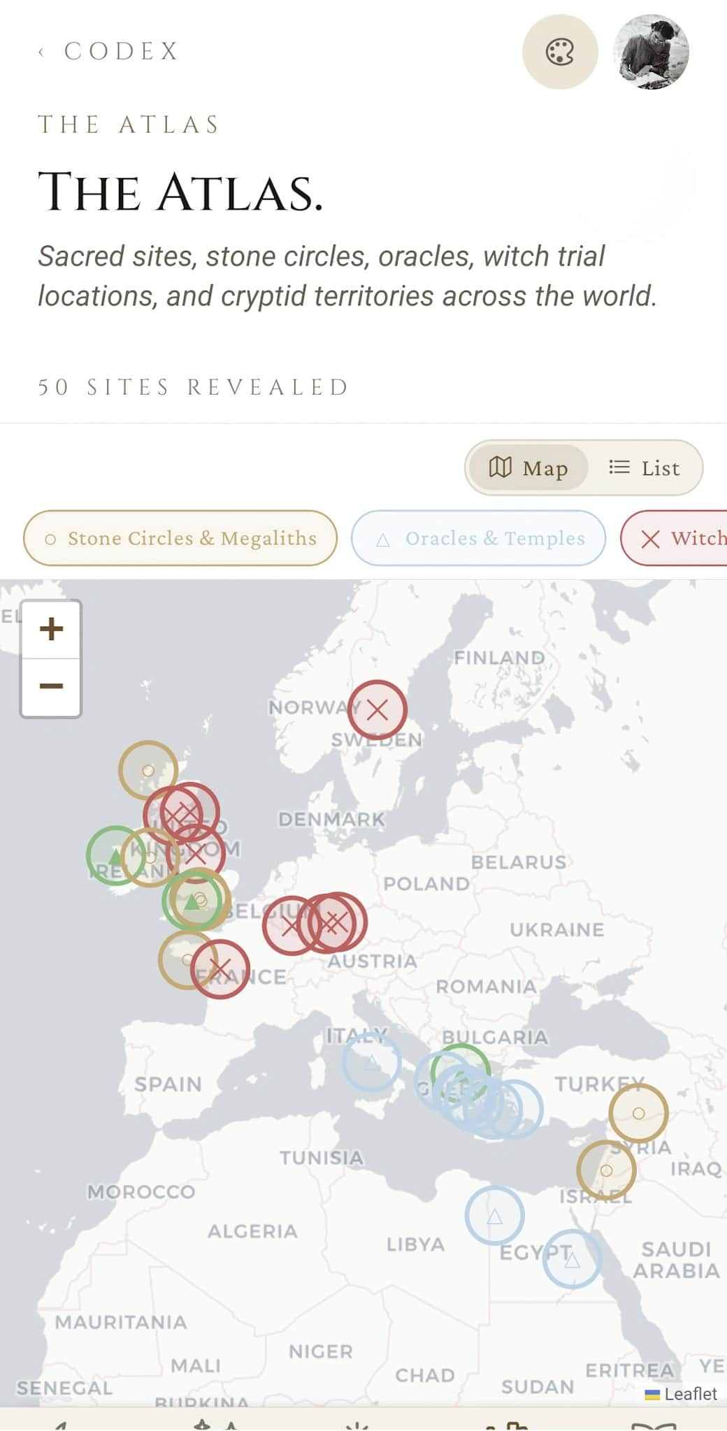 The Atlas: map view of fifty sites with category filter chips (Stone Circles & Megaliths, Oracles & Temples, Witch...) and coloured pins clustered across Europe and the Mediterranean