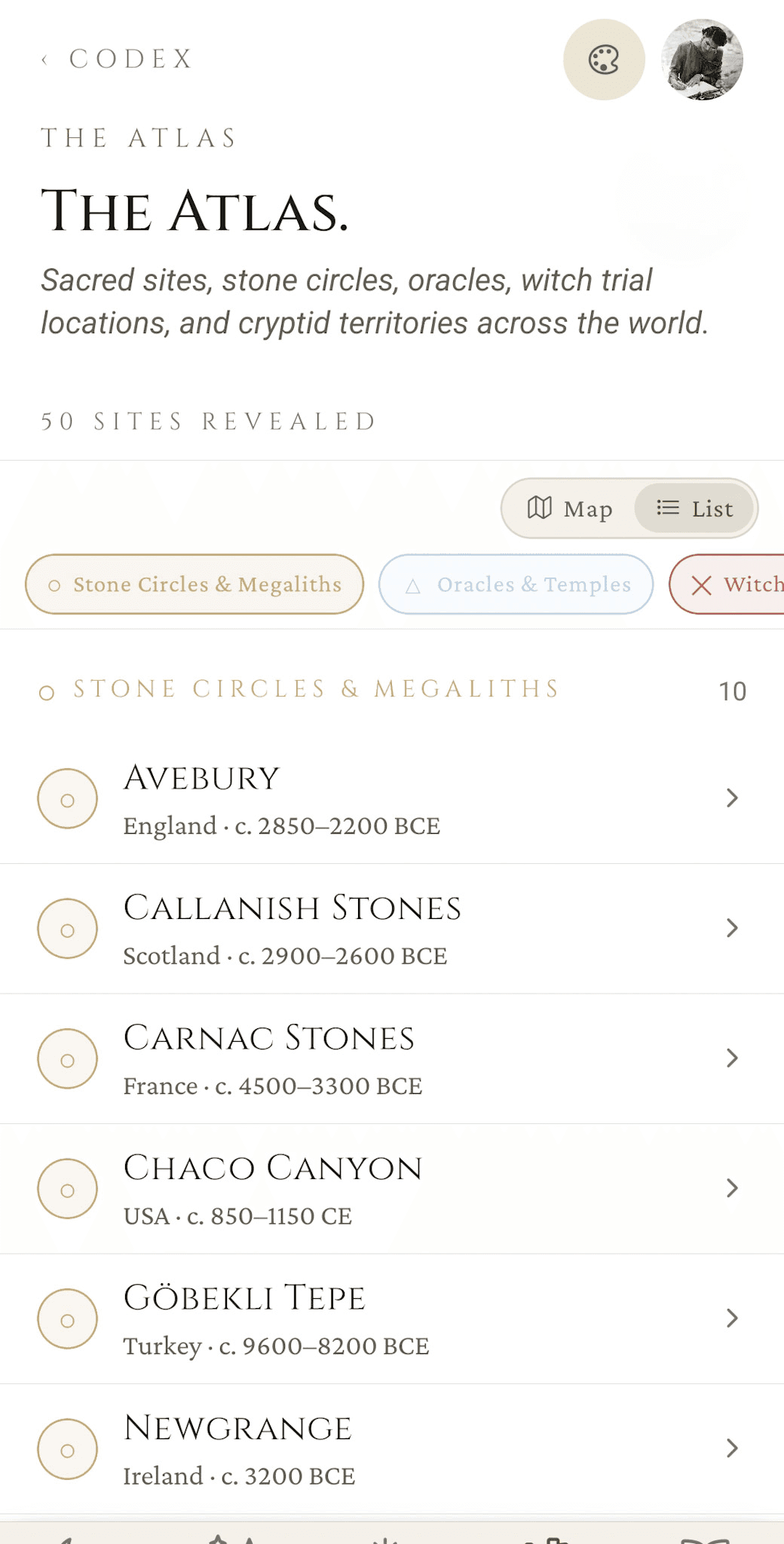 The Atlas — list view filtered to Stone Circles & Megaliths, showing entries for Avebury, Callanish Stones, Carnac Stones, Chaco Canyon, Göbekli Tepe, and Newgrange with their dates