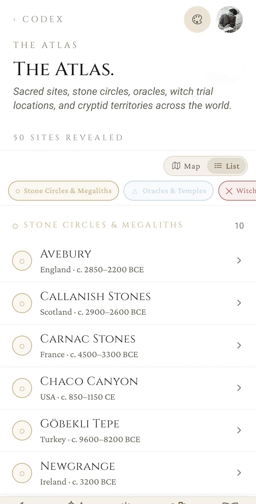 The Atlas: list view filtered to Stone Circles & Megaliths, showing entries for Avebury, Callanish Stones, Carnac Stones, Chaco Canyon, Göbekli Tepe, and Newgrange with their dates