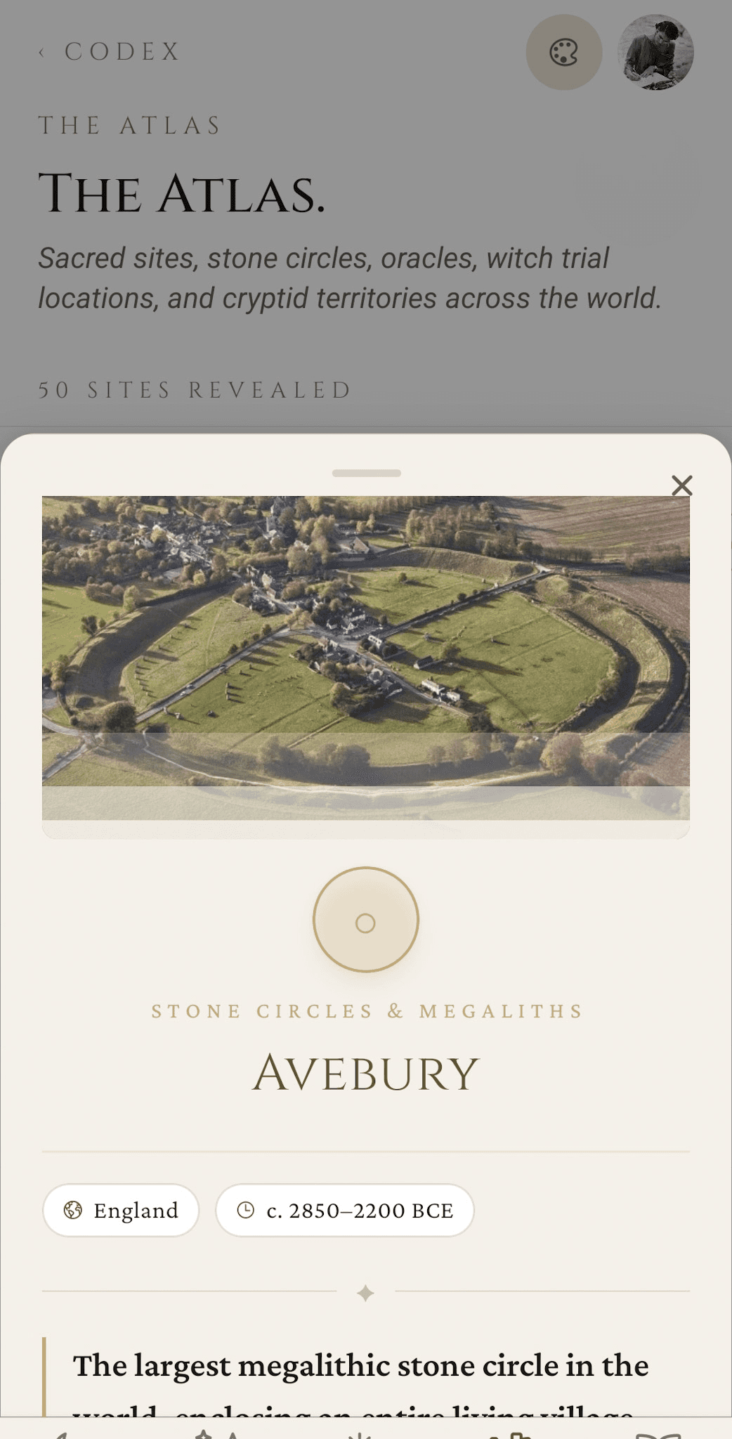 The Atlas — site detail for Avebury with a landscape photograph, the Stone Circles & Megaliths category, England and date-range chips, and the start of the descriptive prose