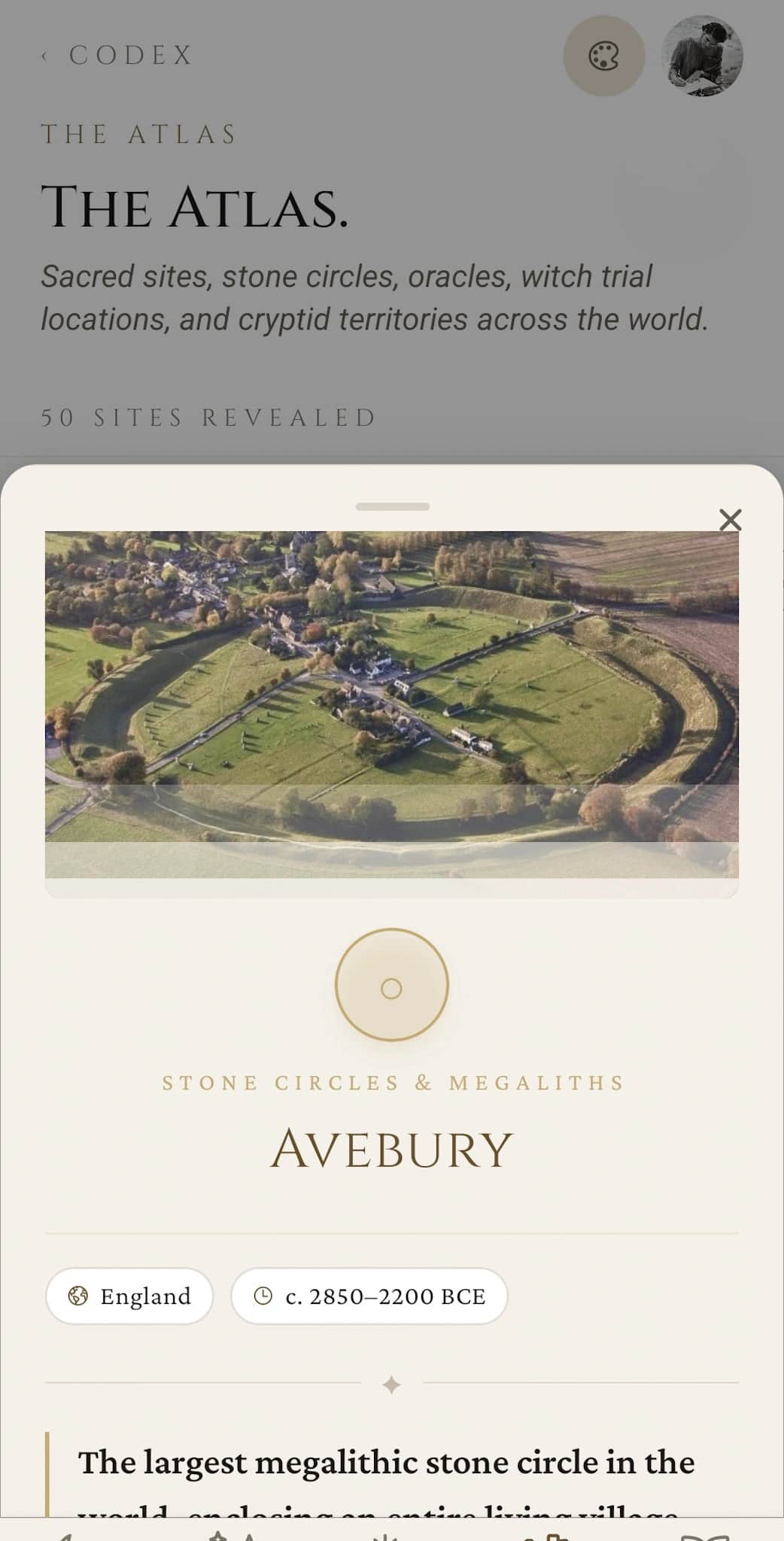 The Atlas: site detail for Avebury with a landscape photograph, the Stone Circles & Megaliths category, England and date-range chips, and the start of the descriptive prose
