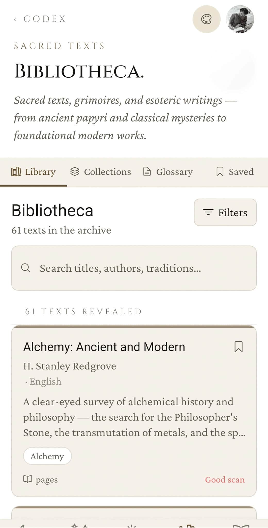 Bibliotheca Library tab, 61 texts in the archive with search, four-tab navigation (Library / Collections / Glossary / Saved), and the first entry (Alchemy: Ancient and Modern by H. Stanley Redgrove) showing summary, language, and source quality