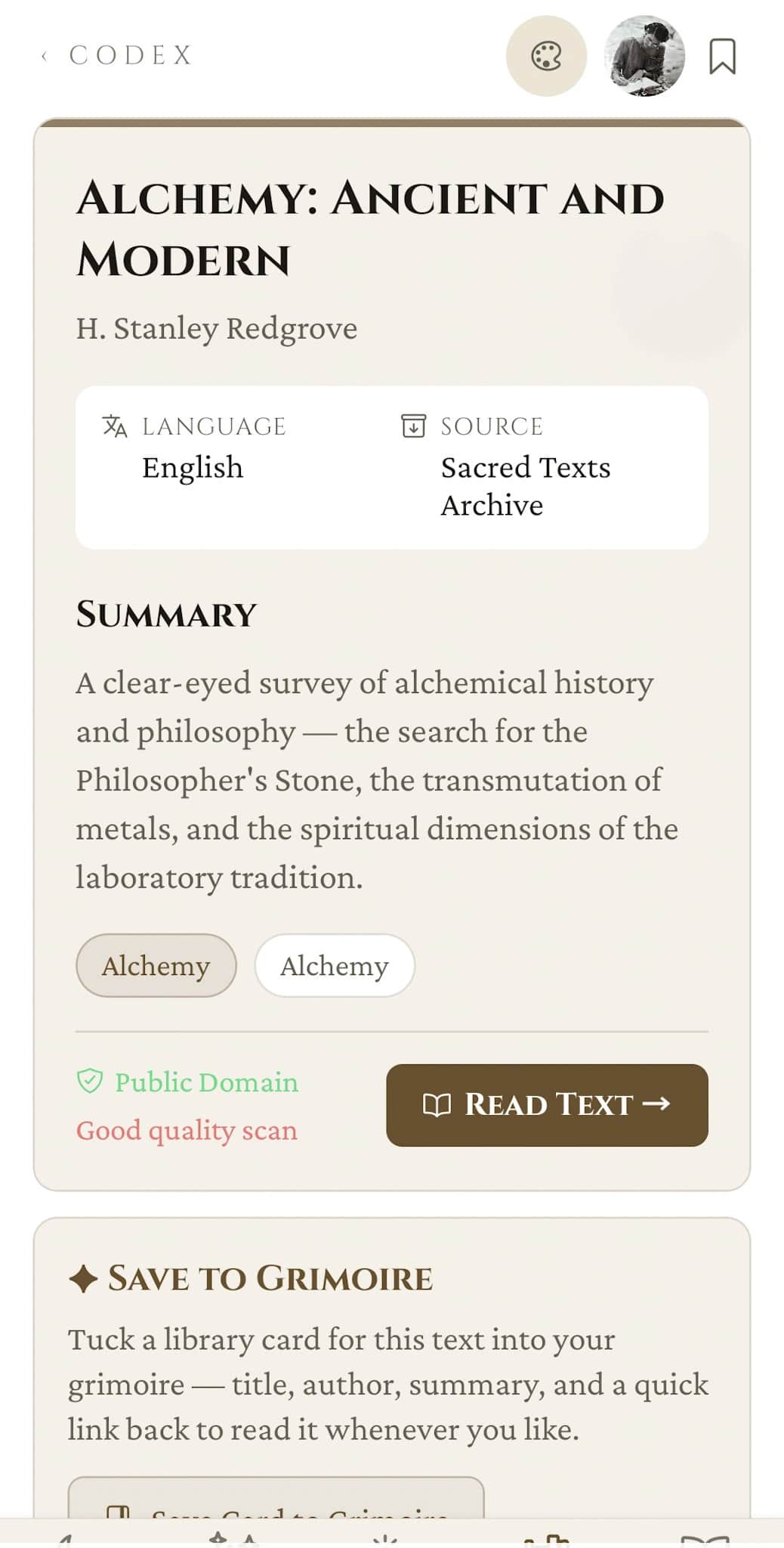 Bibliotheca text detail, Alchemy: Ancient and Modern with Language, Source, Summary, tradition chips, Read Text action, and a Save to Grimoire card to tuck the text reference into your journal