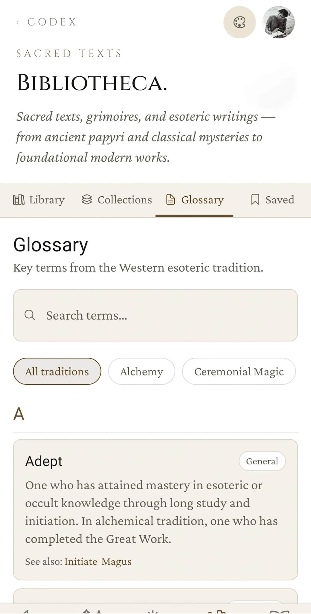 Bibliotheca Glossary tab, key terms from the Western esoteric tradition with search and tradition filter chips, showing the entry for Adept