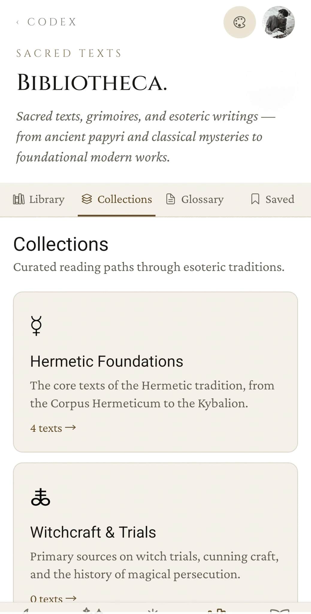 Bibliotheca Collections tab, curated reading paths through esoteric traditions, including Hermetic Foundations (4 texts) and Witchcraft & Trials
