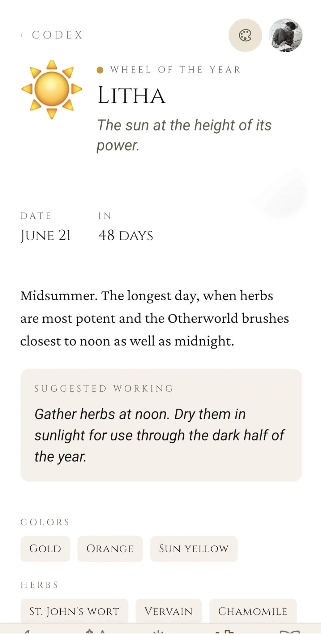 Sacred Calendar: Litha detail page with date (June 21) and countdown, midsummer prose, a suggested working (gather herbs at noon), and correspondence chips for colors (Gold, Orange, Sun yellow) and herbs (St. John's Wort, Vervain, Chamomile)
