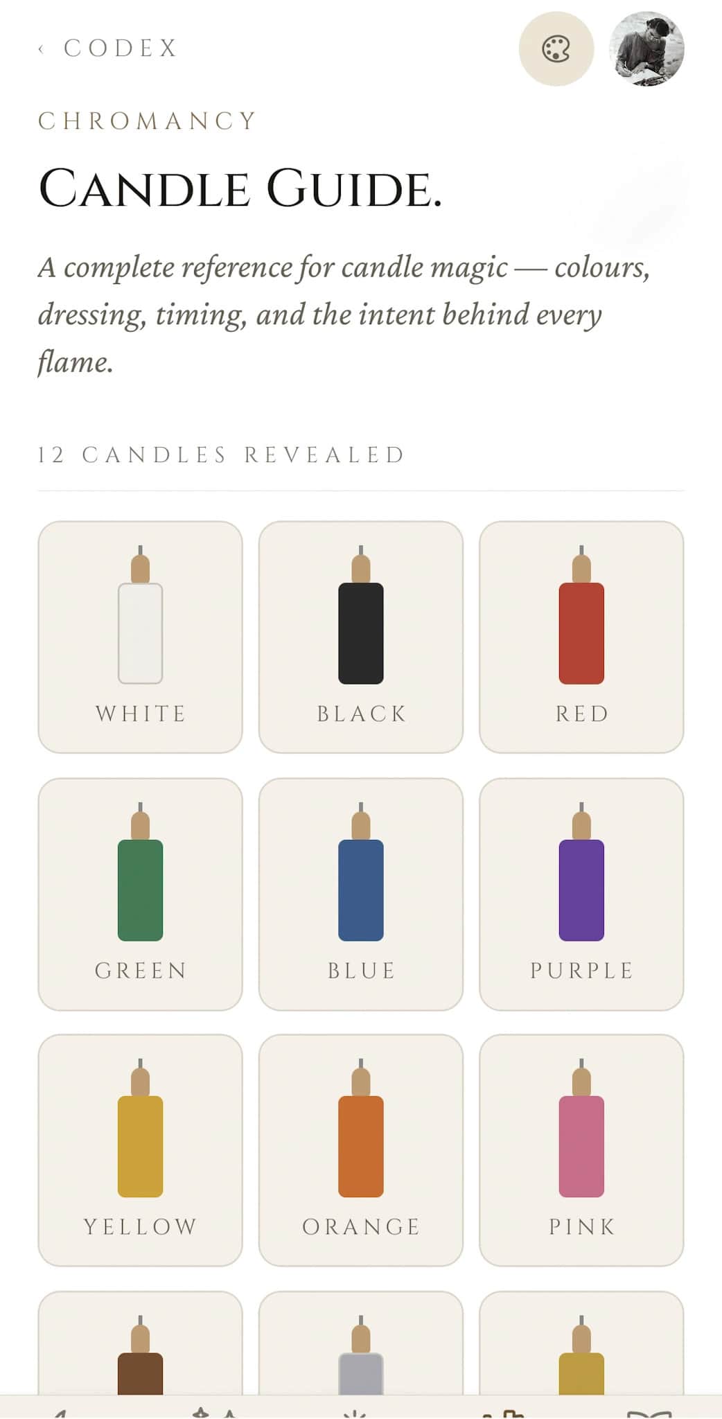 Candle Guide home: Chromancy eyebrow, complete reference subtitle, and the start of the 12-candle grid (White, Black, Red, Green, Blue, Purple, Yellow, Orange, Pink)