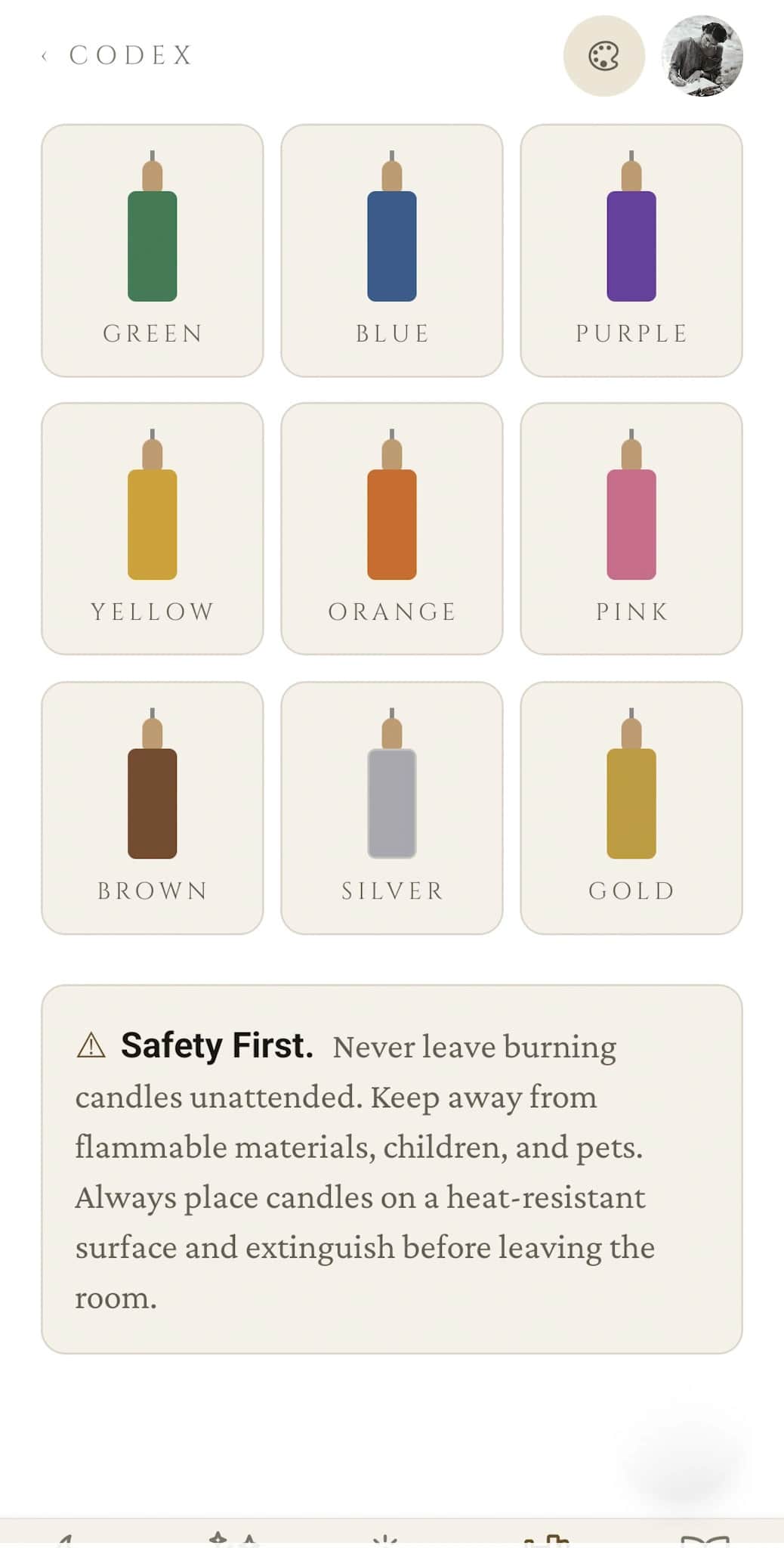 Candle Guide grid continued: Green, Blue, Purple, Yellow, Orange, Pink, Brown, Silver, Gold, followed by a Safety First panel with practical handling advice