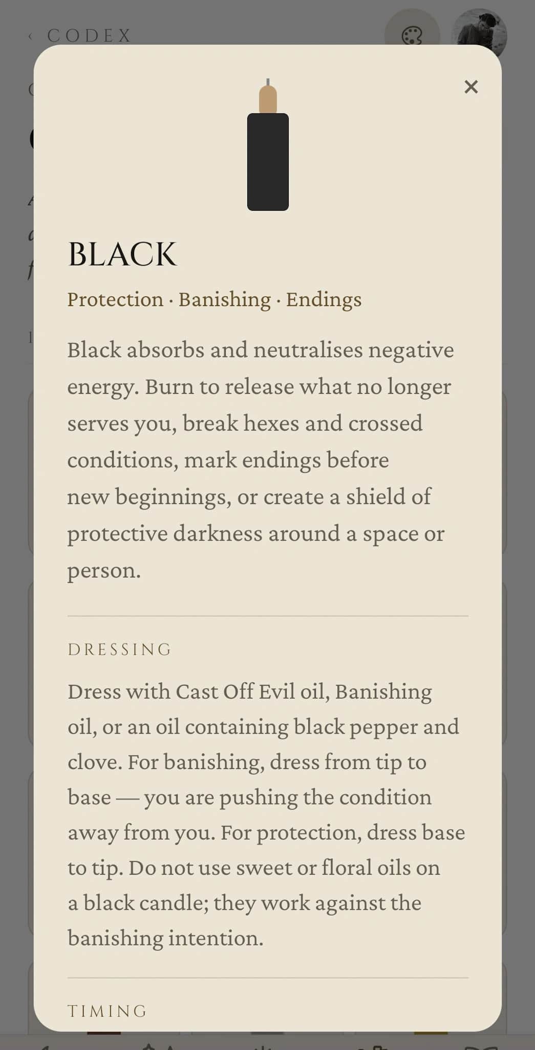 Candle Guide detail: Black candle with Protection / Banishing / Endings keywords, prose explanation, and a Dressing section covering oil choice and tip-to-base direction