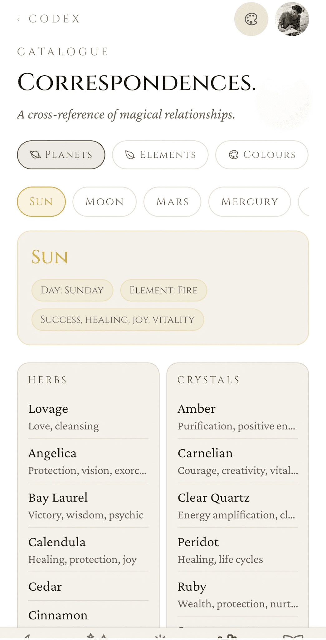 Catalogue — Planets tab with Sun selected, showing day (Sunday), element (Fire), and intent chips, plus a two-column panel of solar herbs (Lovage, Angelica, Bay Laurel, Calendula) and crystals (Amber, Carnelian, Clear Quartz, Peridot, Ruby)