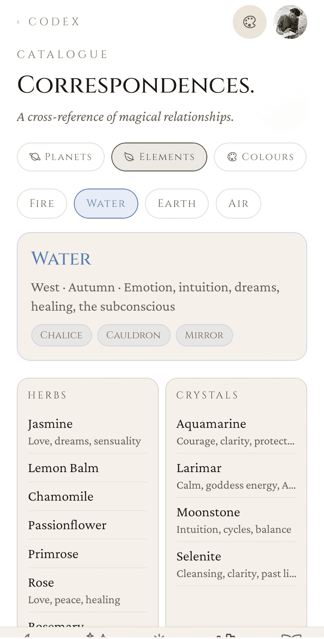 Catalogue — Elements tab with Water selected, showing direction (West), season (Autumn), qualities, tool chips (Chalice, Cauldron, Mirror), and matching herbs (Jasmine, Lemon Balm, Chamomile, Passionflower) and crystals (Aquamarine, Larimar, Moonstone, Selenite)