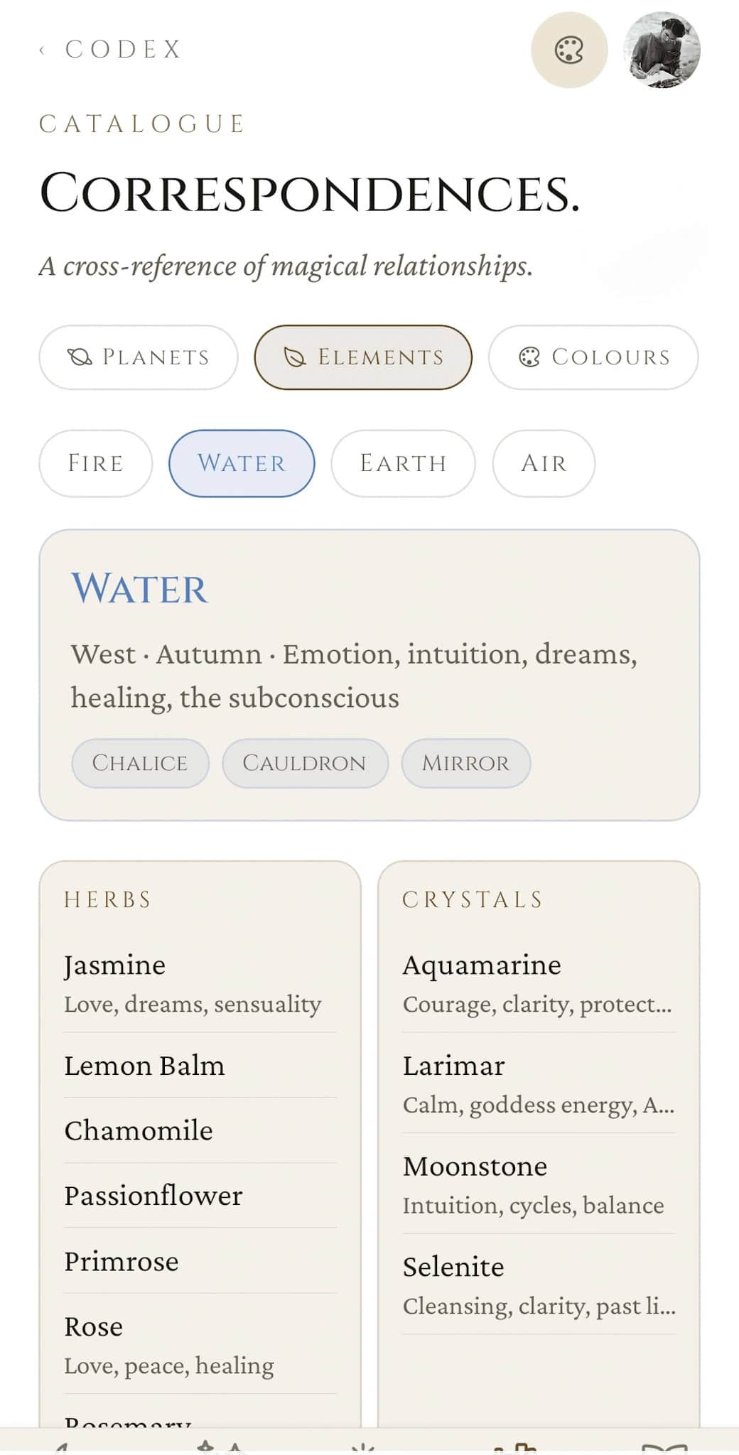 Catalogue: Elements tab with Water selected, showing direction (West), season (Autumn), qualities, tool chips (Chalice, Cauldron, Mirror), and matching herbs (Jasmine, Lemon Balm, Chamomile, Passionflower) and crystals (Aquamarine, Larimar, Moonstone, Selenite)