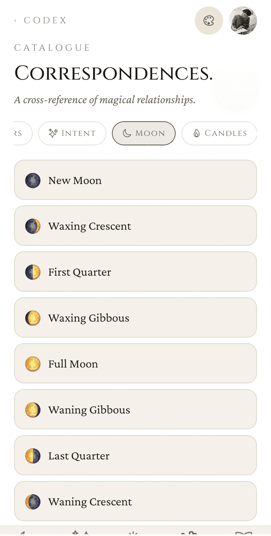 Catalogue — Moon tab listing the eight lunar phases (New Moon, Waxing Crescent, First Quarter, Waxing Gibbous, Full Moon, Waning Gibbous, Last Quarter, Waning Crescent) each with its phase emoji