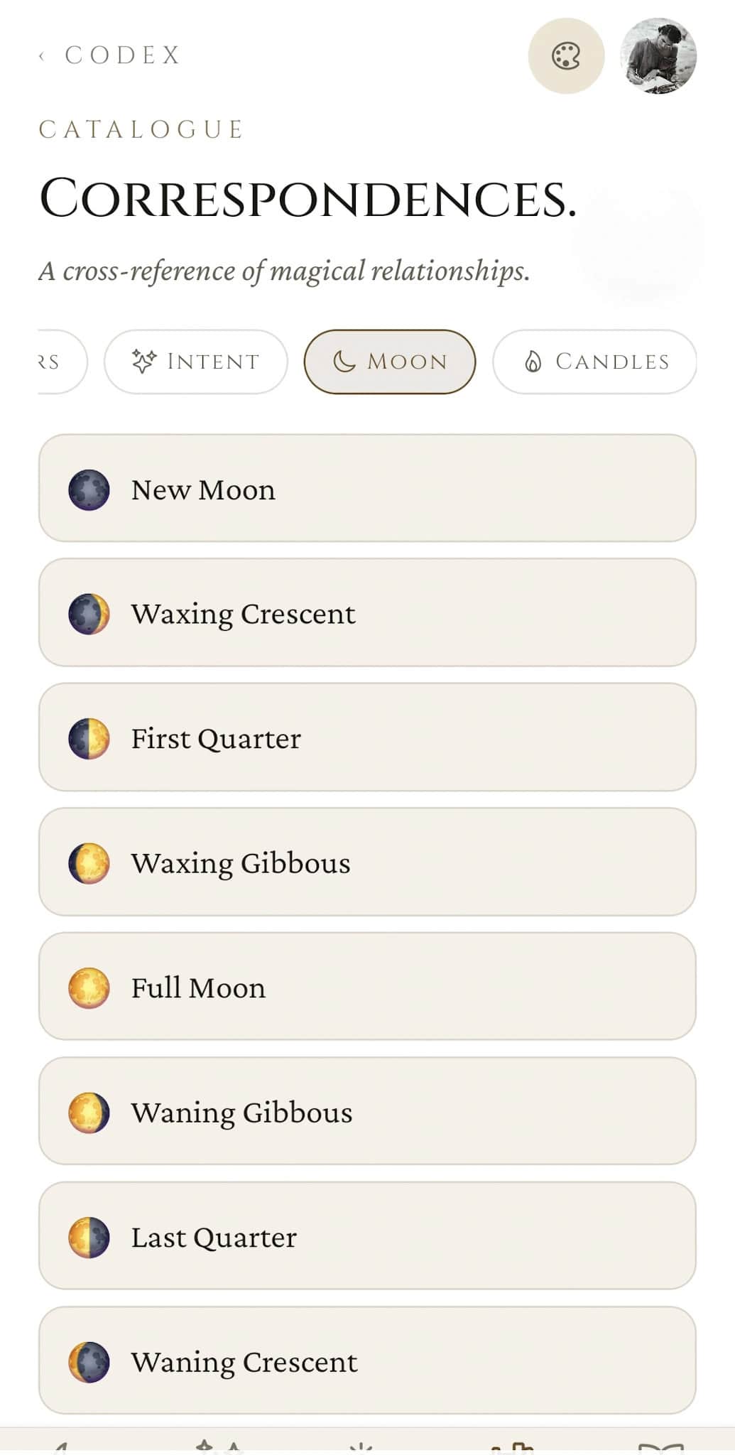 Catalogue: Moon tab listing the eight lunar phases (New Moon, Waxing Crescent, First Quarter, Waxing Gibbous, Full Moon, Waning Gibbous, Last Quarter, Waning Crescent) each with its phase emoji