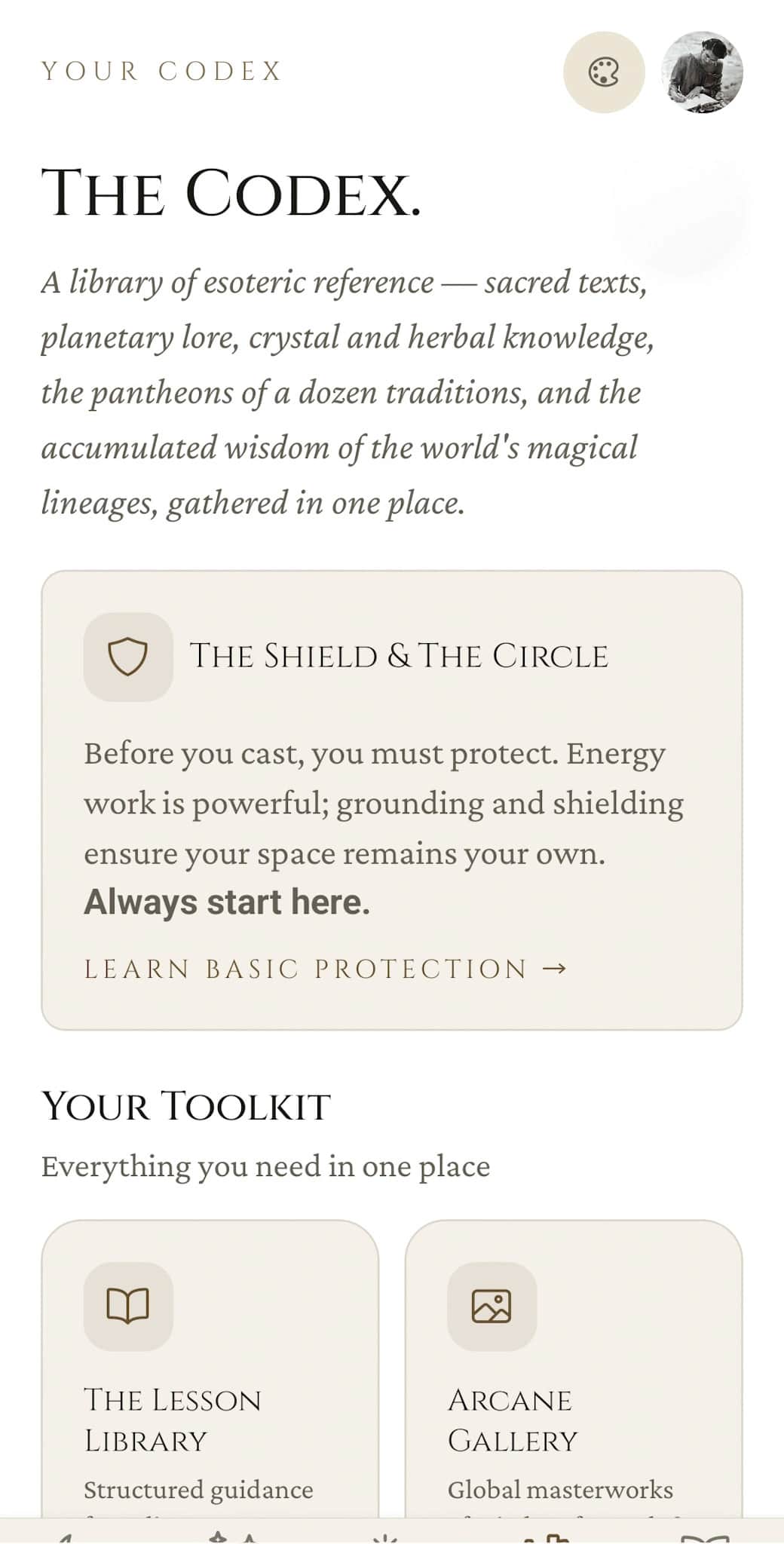 Digital Grimoire Codex: witchcraft lessons, tarot gallery, and ritual reference guides