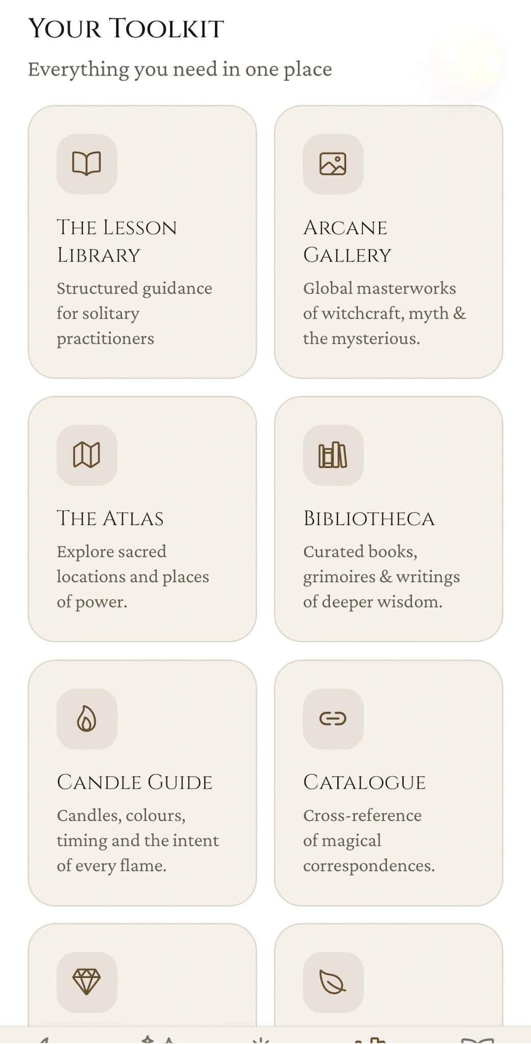 Codex toolkit grid continued: The Lesson Library, Arcane Gallery, The Atlas, Bibliotheca, Candle Guide, and Catalogue tiles each with a one-line description