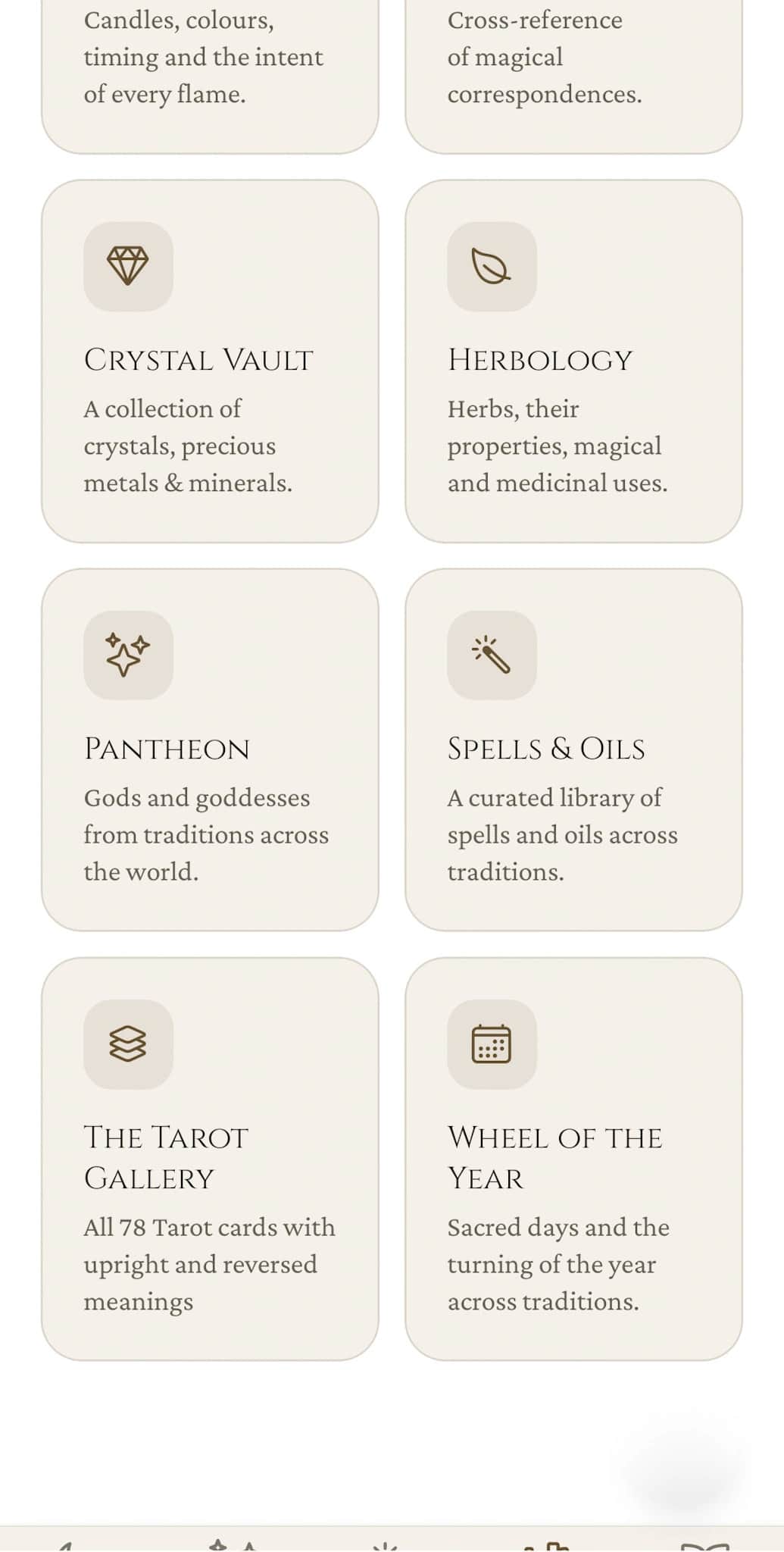 Codex toolkit grid continued: Crystal Vault, Herbology, Pantheon, Spells & Oils, The Tarot Gallery, and Wheel of the Year tiles