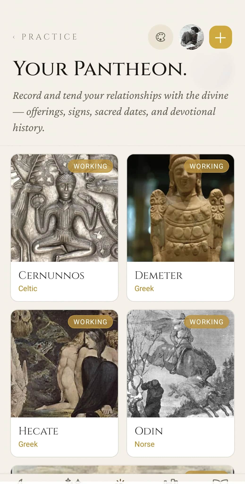 Deity Journal home: Your Pantheon grid showing the deities you are working with (Cernunnos, Demeter, Hecate, Odin) with tradition labels and Working badges