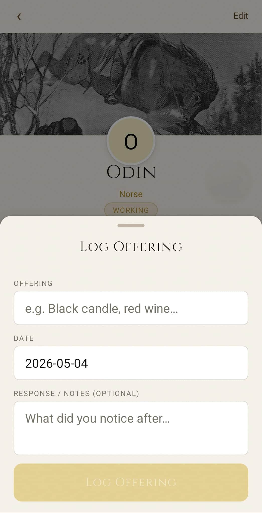 Log Offering sheet: fields for the offering, the date, and optional response notes ("what did you notice after...")