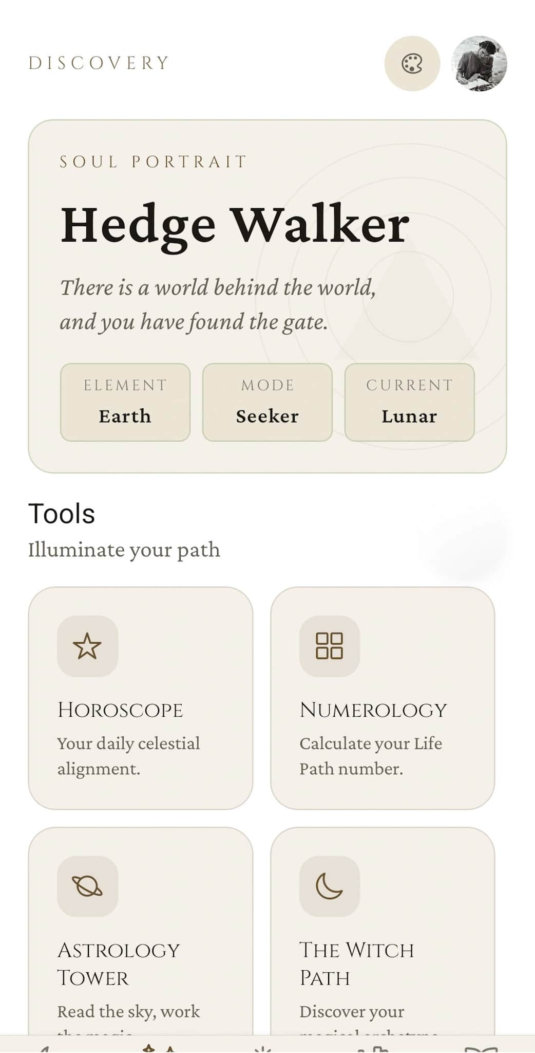 Discovery hub: Soul Portrait card showing Hedge Walker archetype with element, mode, and current phase pills, above the Tools section