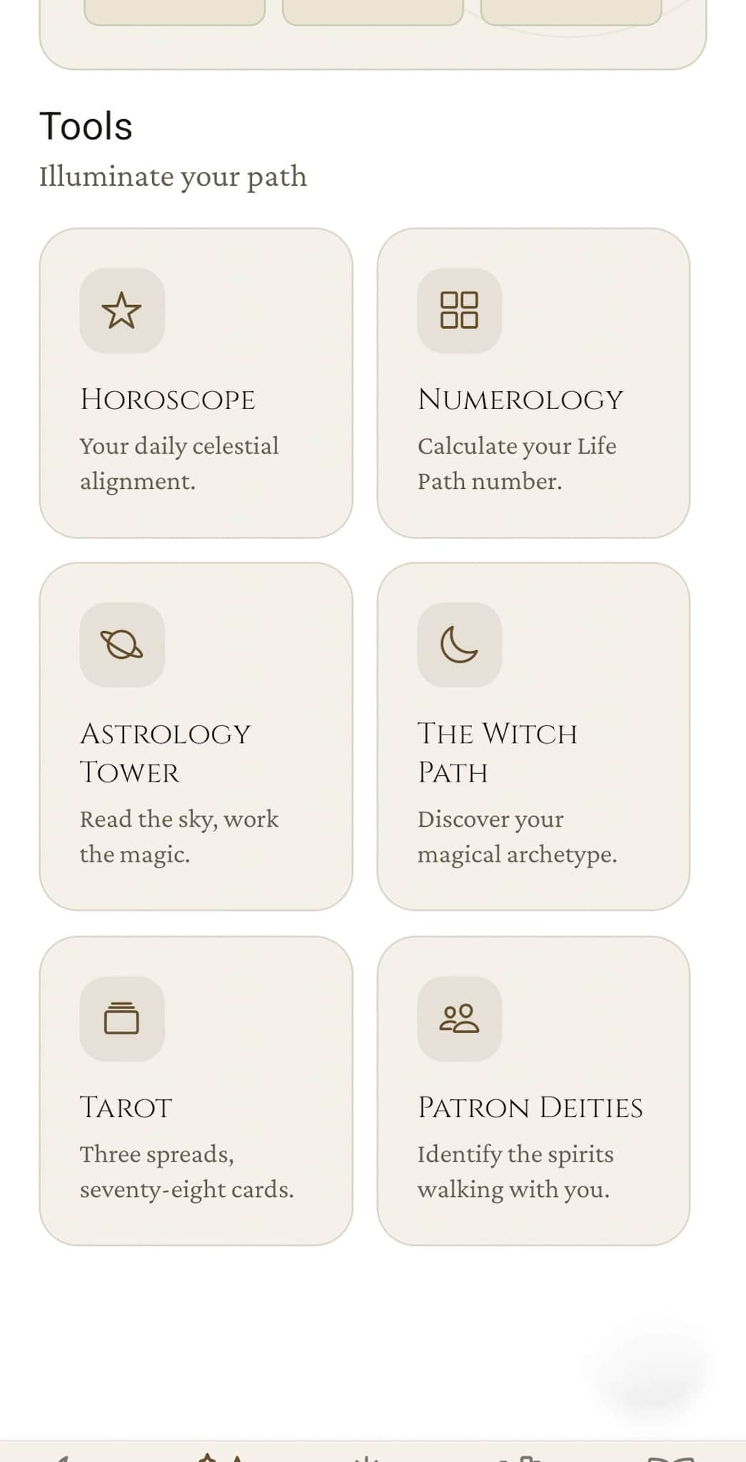 Discovery tools grid: Horoscope, Numerology, Astrology Tower, Witch Path, Tarot, and Patron Deities tiles