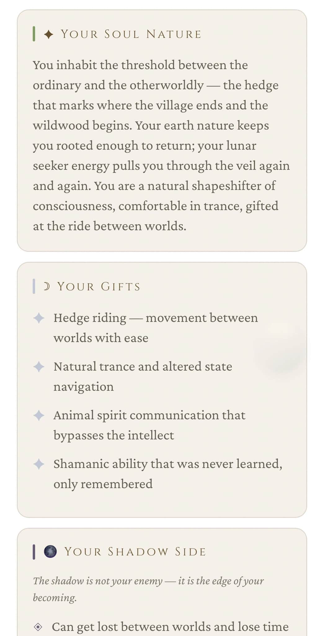 Soul Portrait detail: Soul Nature prose, Your Gifts list (hedge riding, trance navigation, animal spirit communication, shamanic ability), and the start of Your Shadow Side