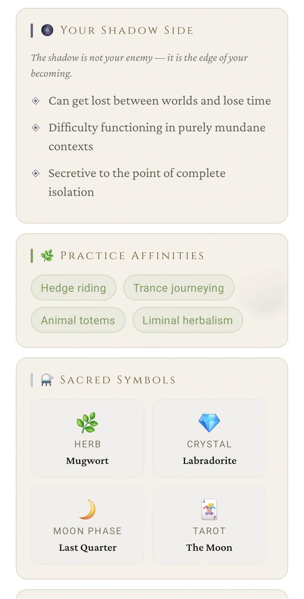 Soul Portrait detail: Your Shadow Side, Practice Affinities chips, and Sacred Symbols grid (Mugwort, Labradorite, Last Quarter moon, The Moon tarot)