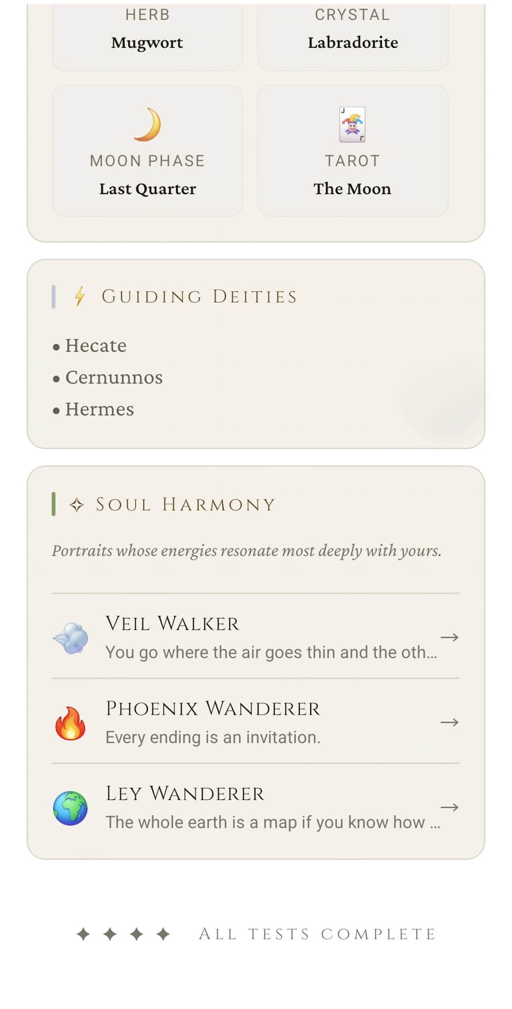 Soul Portrait detail: Guiding Deities (Hecate, Cernunnos, Hermes) and Soul Harmony section listing resonant archetypes (Veil Walker, Phoenix Wanderer, Ley Wanderer)