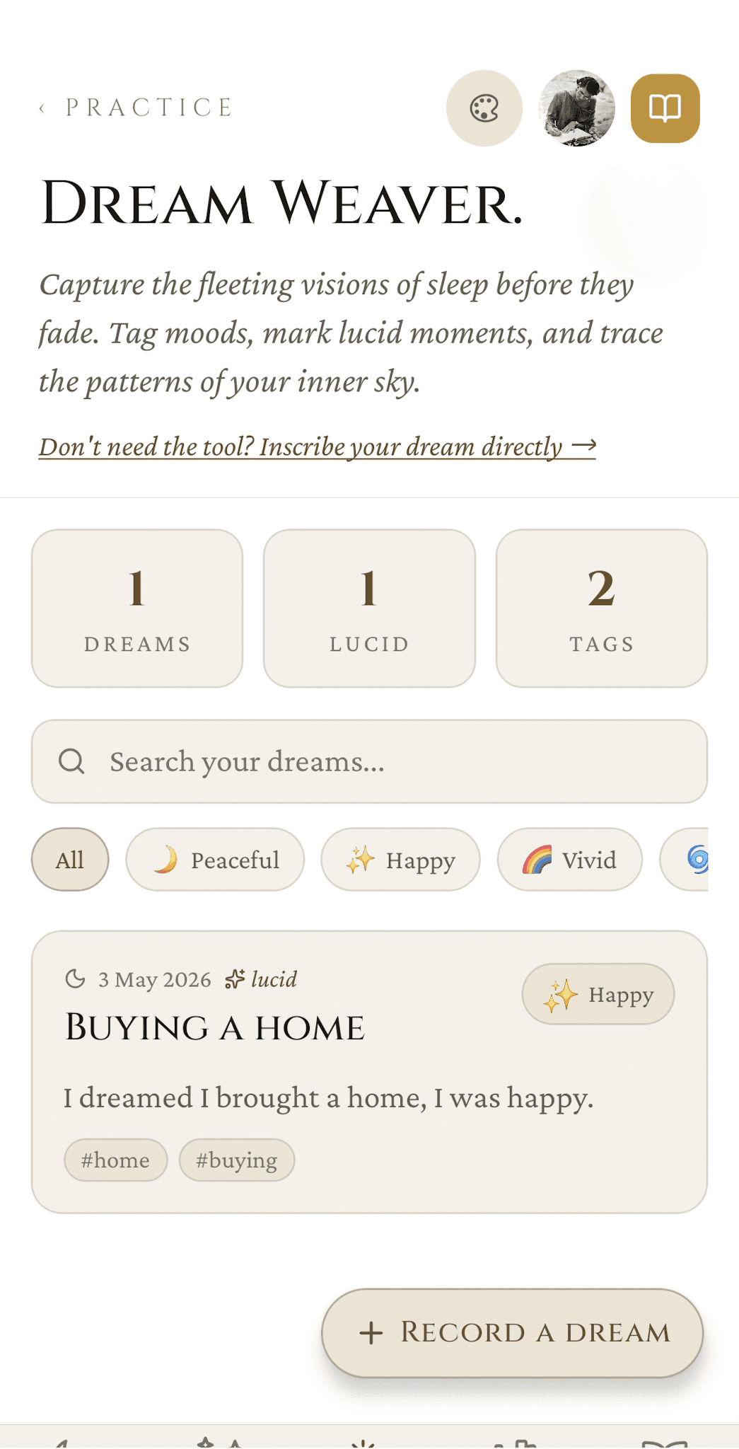 Dream Weaver home — Dreams/Lucid/Tags counters, search field, mood filter chips, an example dream entry with mood pill, and the Record a Dream action