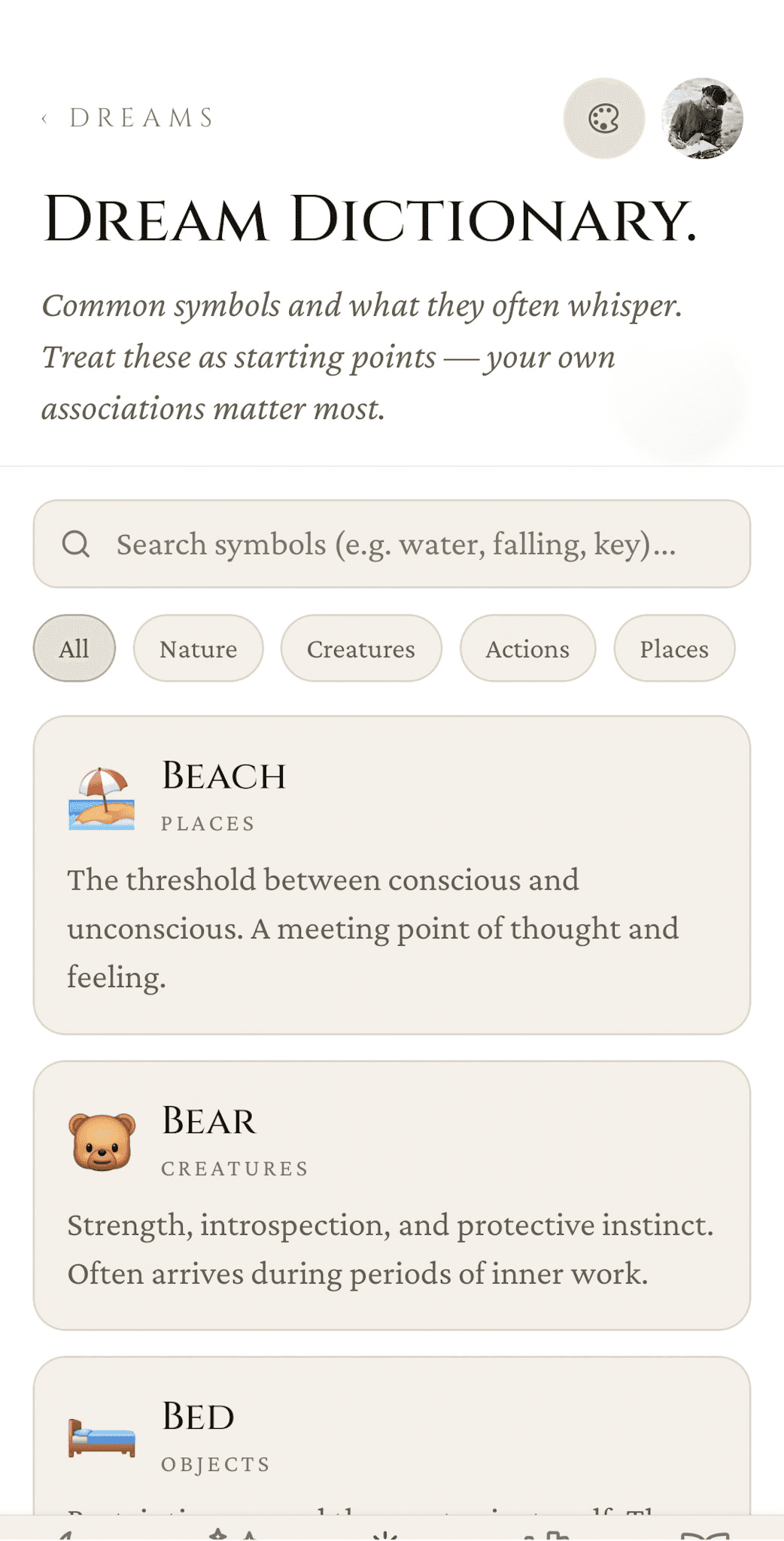 Dream Dictionary — searchable symbol reference with category chips (Nature, Creatures, Actions, Places) and entries like Beach, Bear, Bed