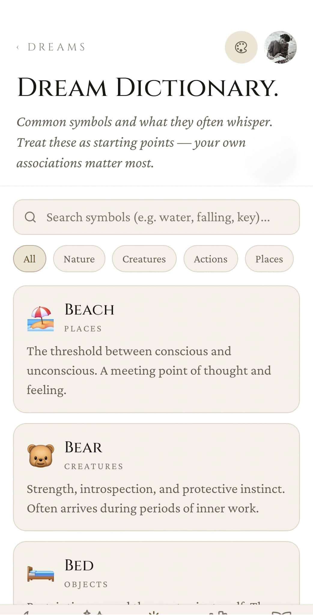 Dream Dictionary: searchable symbol reference with category chips (Nature, Creatures, Actions, Places) and entries like Beach, Bear, Bed