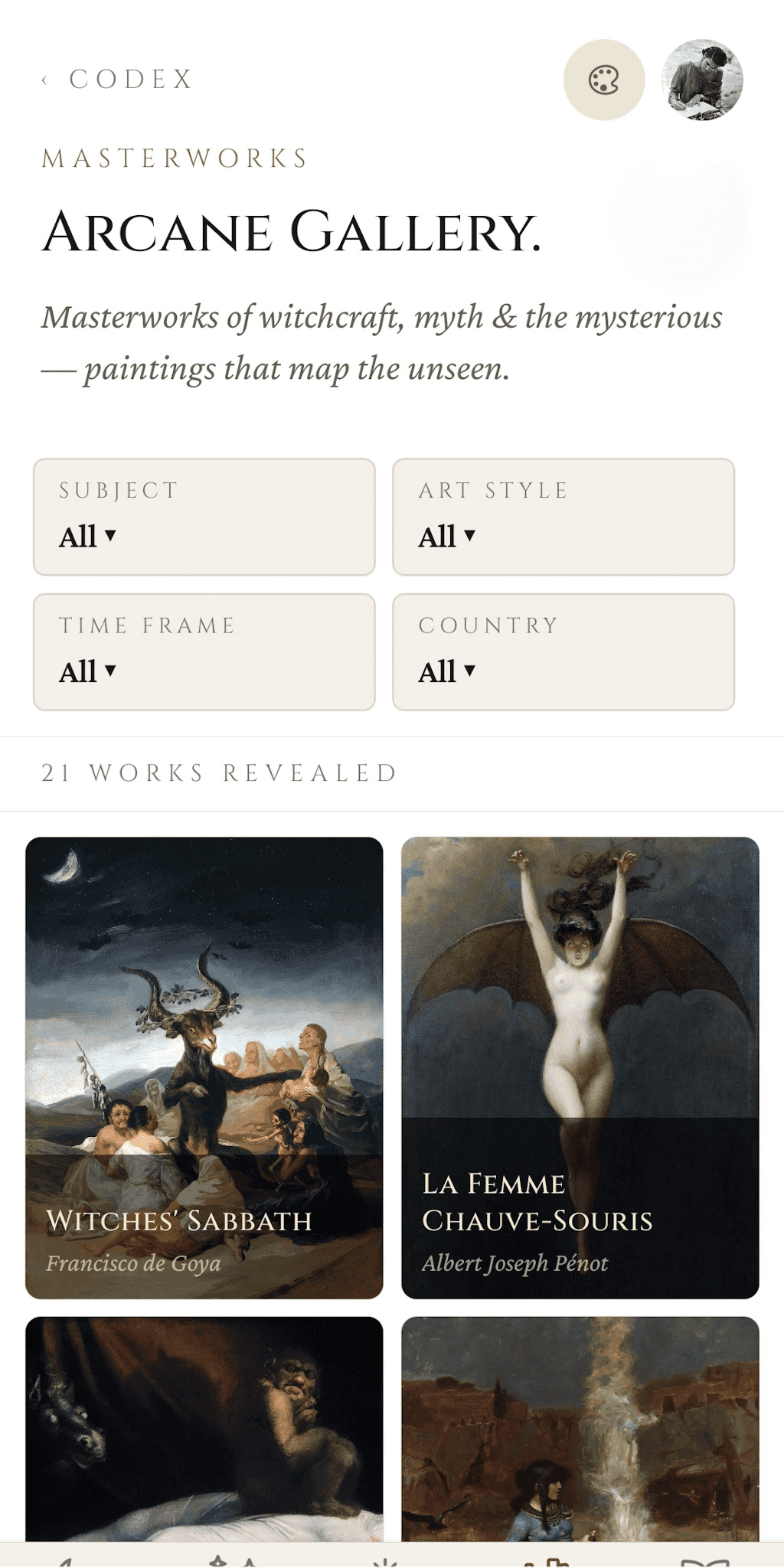 Arcane Gallery home — Masterworks eyebrow, four filter dropdowns (Subject, Art Style, Time Frame, Country), 21 works revealed, with Witches' Sabbath by Goya and La Femme Chauve-Souris by Pénot visible in the grid