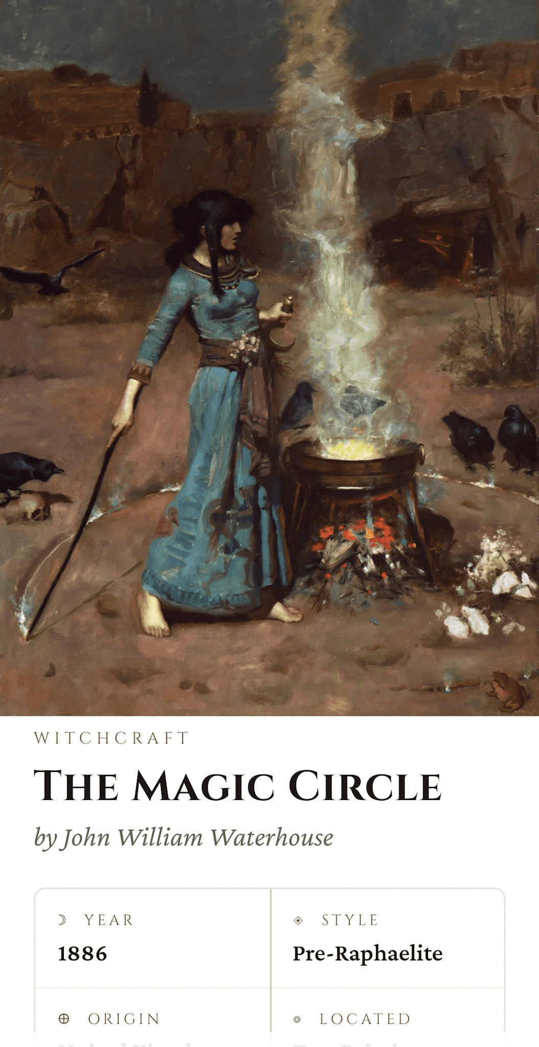 Arcane Gallery detail — The Magic Circle by John William Waterhouse, 1886, Pre-Raphaelite, with metadata fields for Year, Style, Origin, and Located