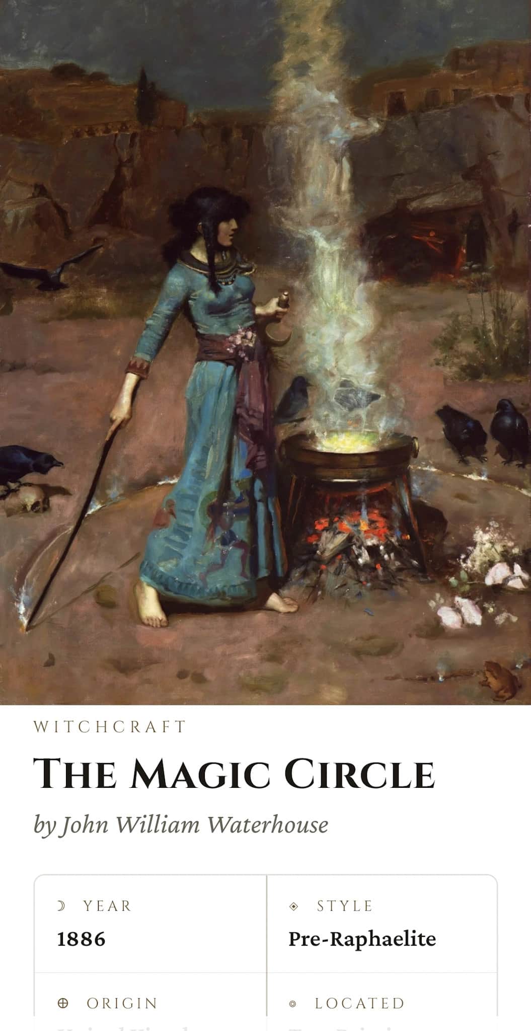 Arcane Gallery detail: The Magic Circle by John William Waterhouse, 1886, Pre-Raphaelite, with metadata fields for Year, Style, Origin, and Located