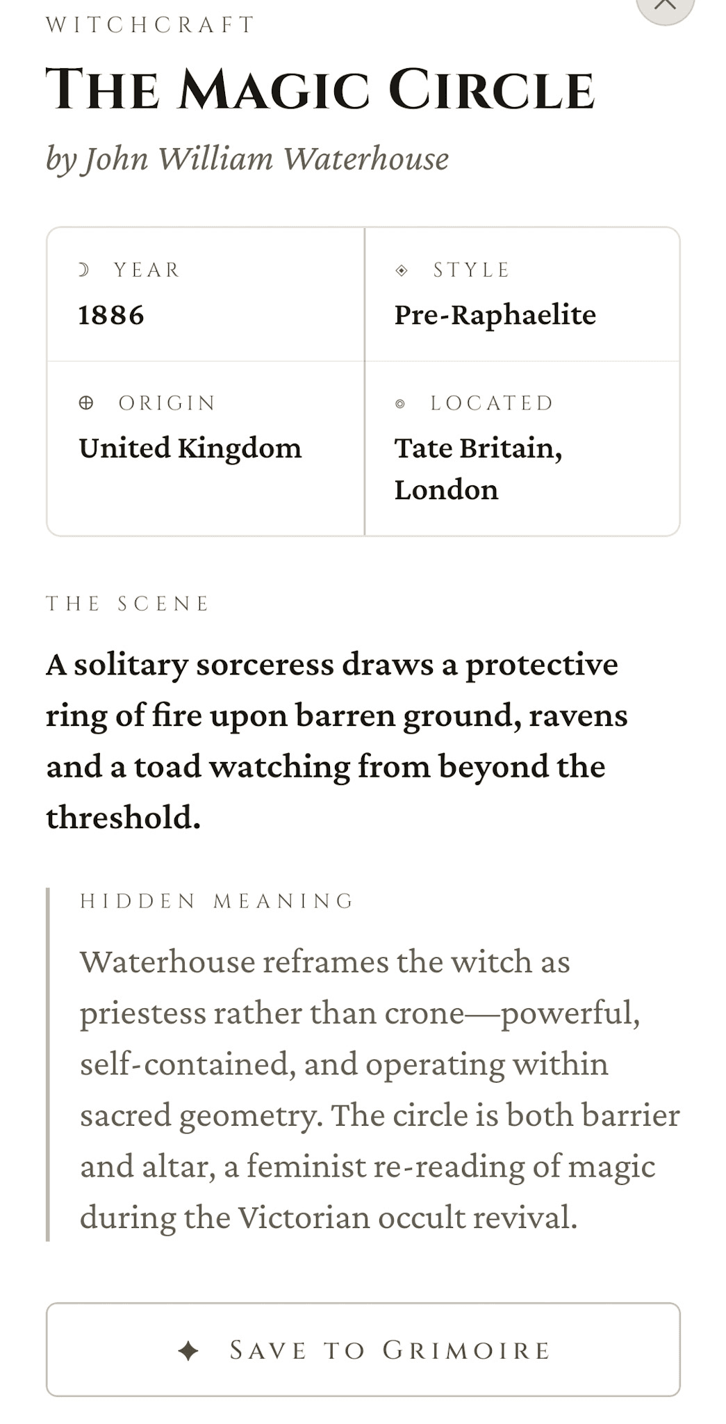 Arcane Gallery — The Magic Circle continued with full metadata, The Scene prose, Hidden Meaning interpretation, and Save to Grimoire action