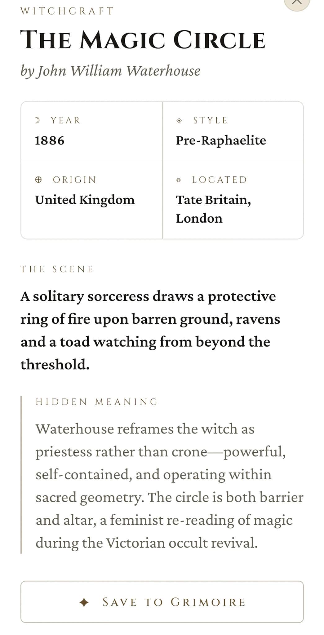 Arcane Gallery: The Magic Circle continued with full metadata, The Scene prose, Hidden Meaning interpretation, and Save to Grimoire action