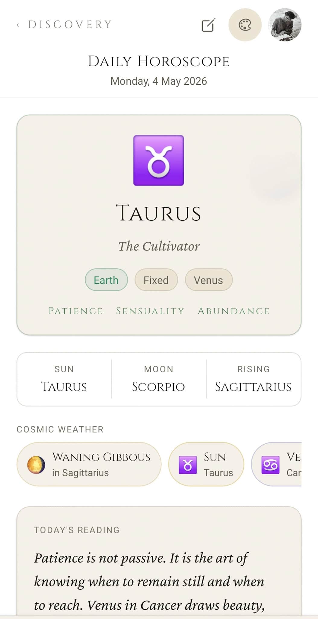 Grimoire daily horoscope: sun, moon, and rising sign with the day's cosmic weather