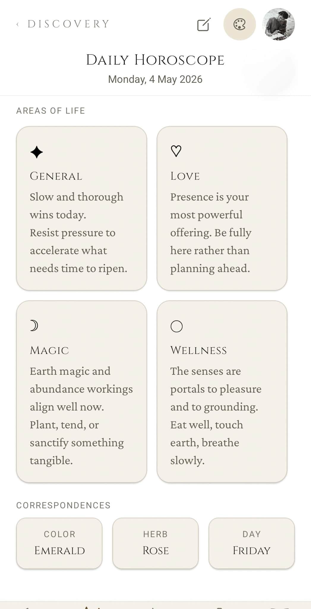 Areas of Life: general, love, magic, and wellness guidance with daily correspondences