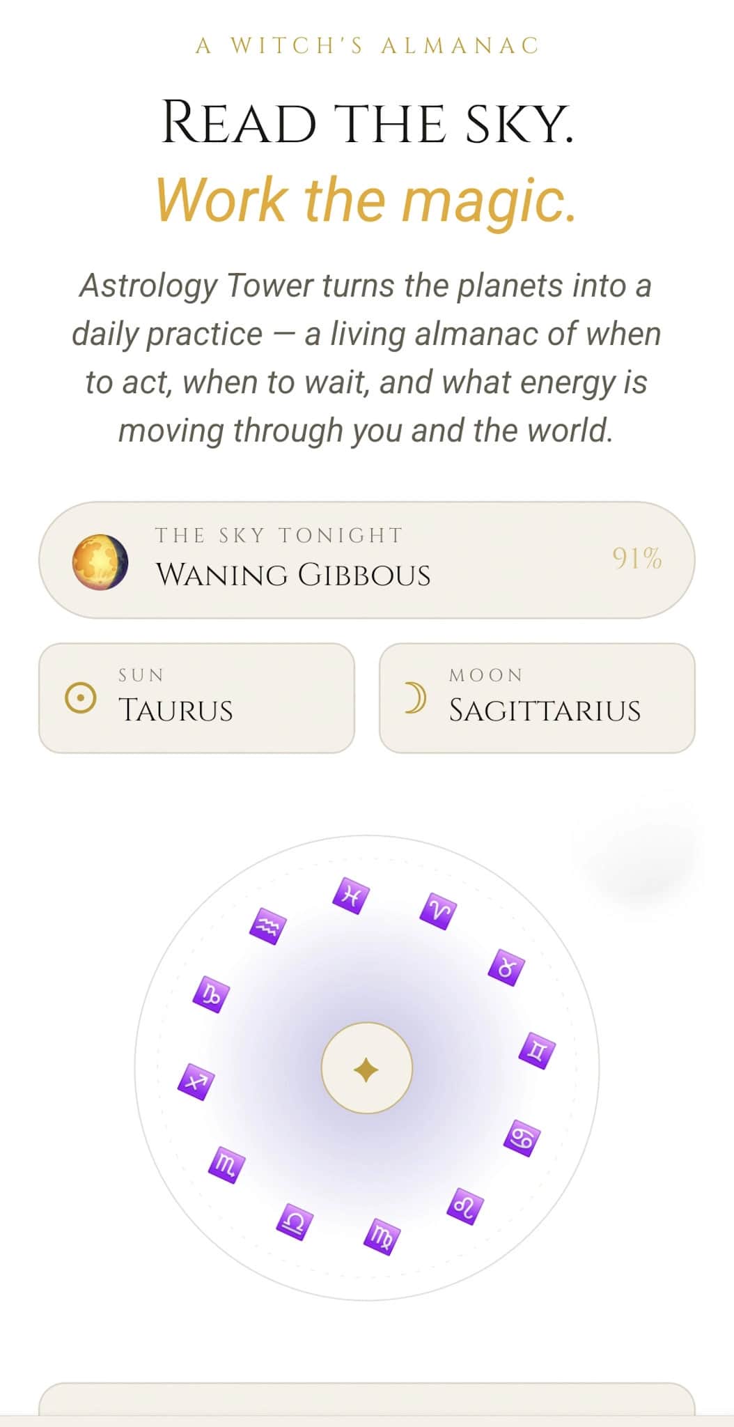 Astrology Tower: sky tonight panel showing moon phase, sun and moon signs, and the zodiac wheel