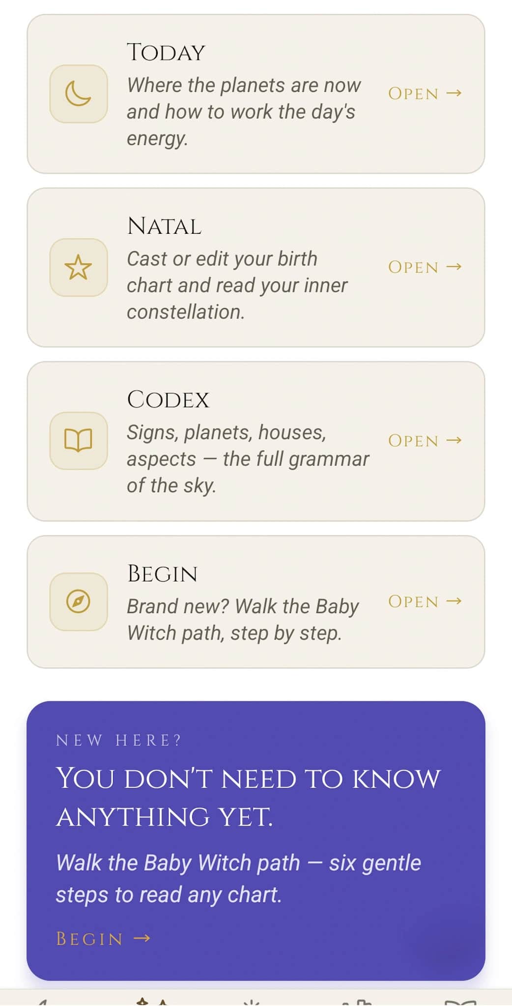 Astrology Tower navigation: Today, Natal, Codex, and Begin sections for new and experienced practitioners
