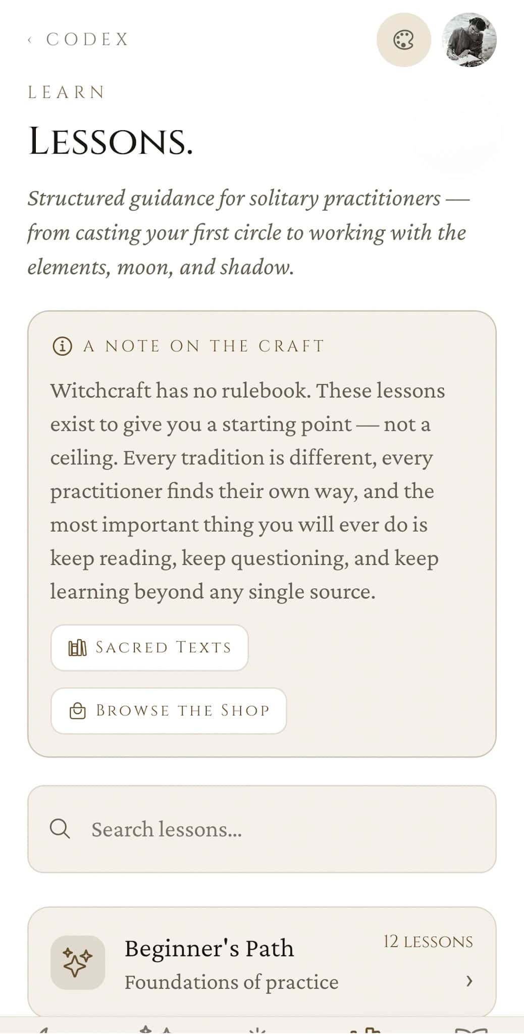 Lessons home: A Note on the Craft framing card, Sacred Texts and Browse the Shop actions, search field, and the start of the course list with Beginner's Path