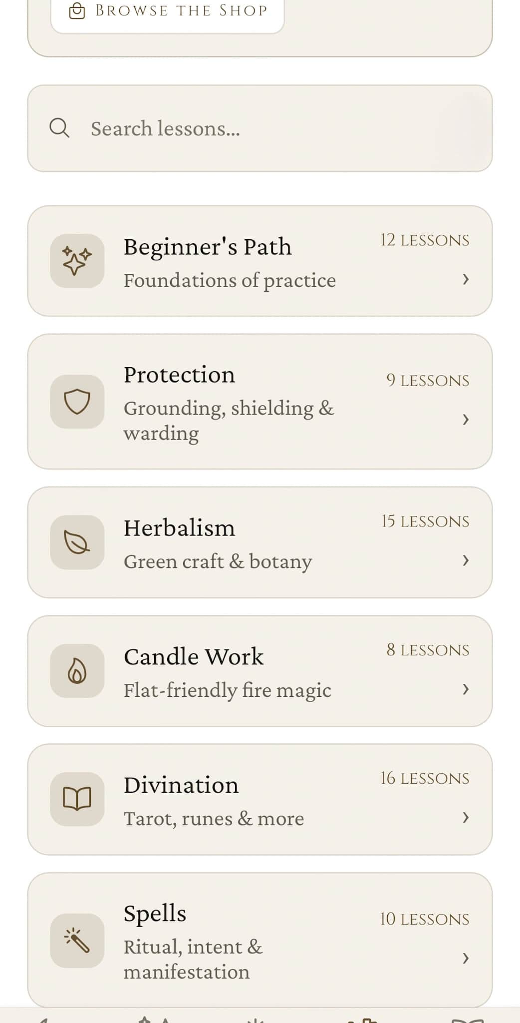Lessons course catalogue: Beginner's Path (12), Protection (9), Herbalism (15), Candle Work (8), Divination (16), Spells (10) each with a one-line description and lesson count
