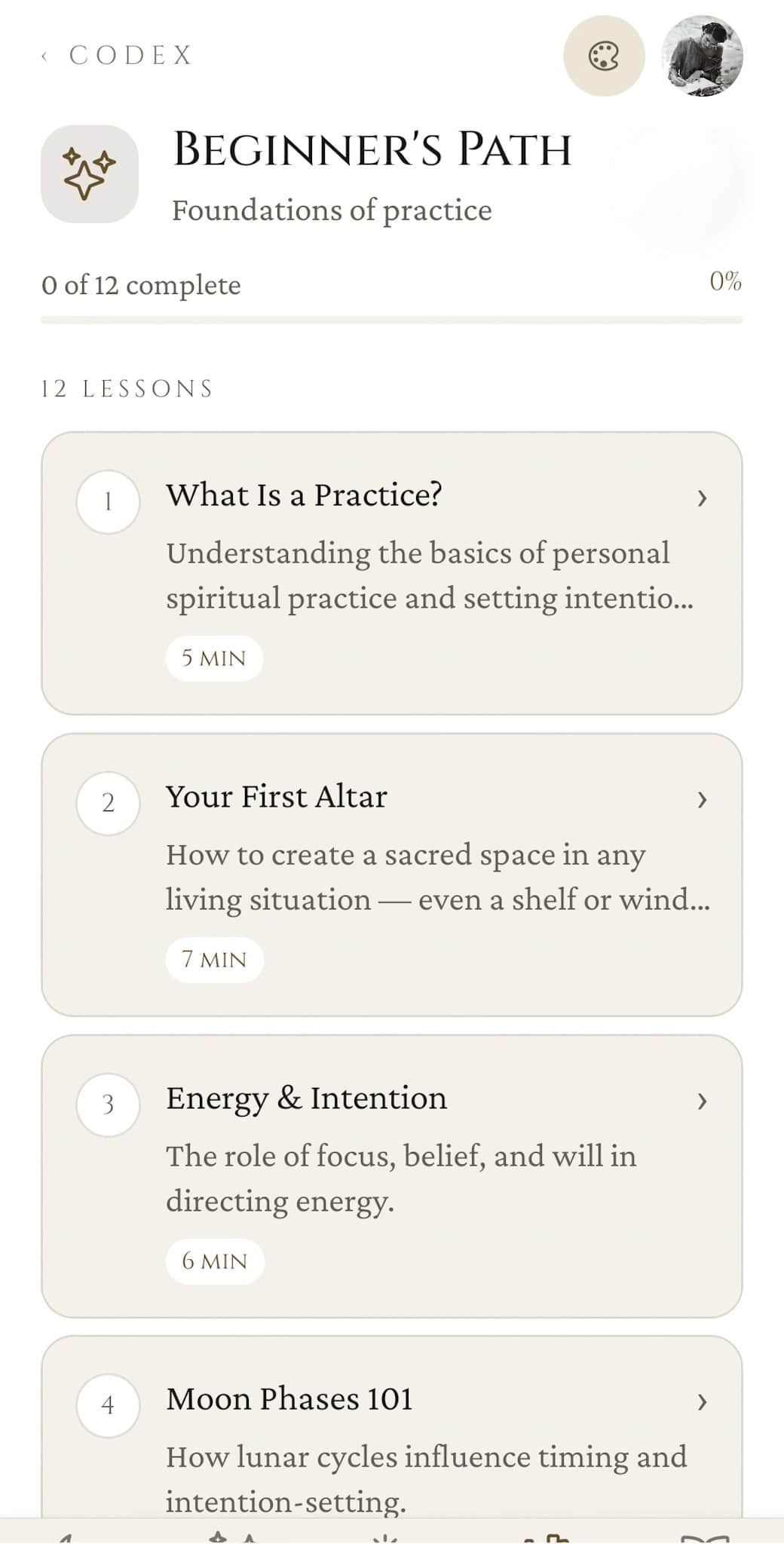 Beginner's Path detail: 0 of 12 complete progress bar and the lesson list (What Is a Practice?, Your First Altar, Energy & Intention, Moon Phases 101) with reading-time estimates