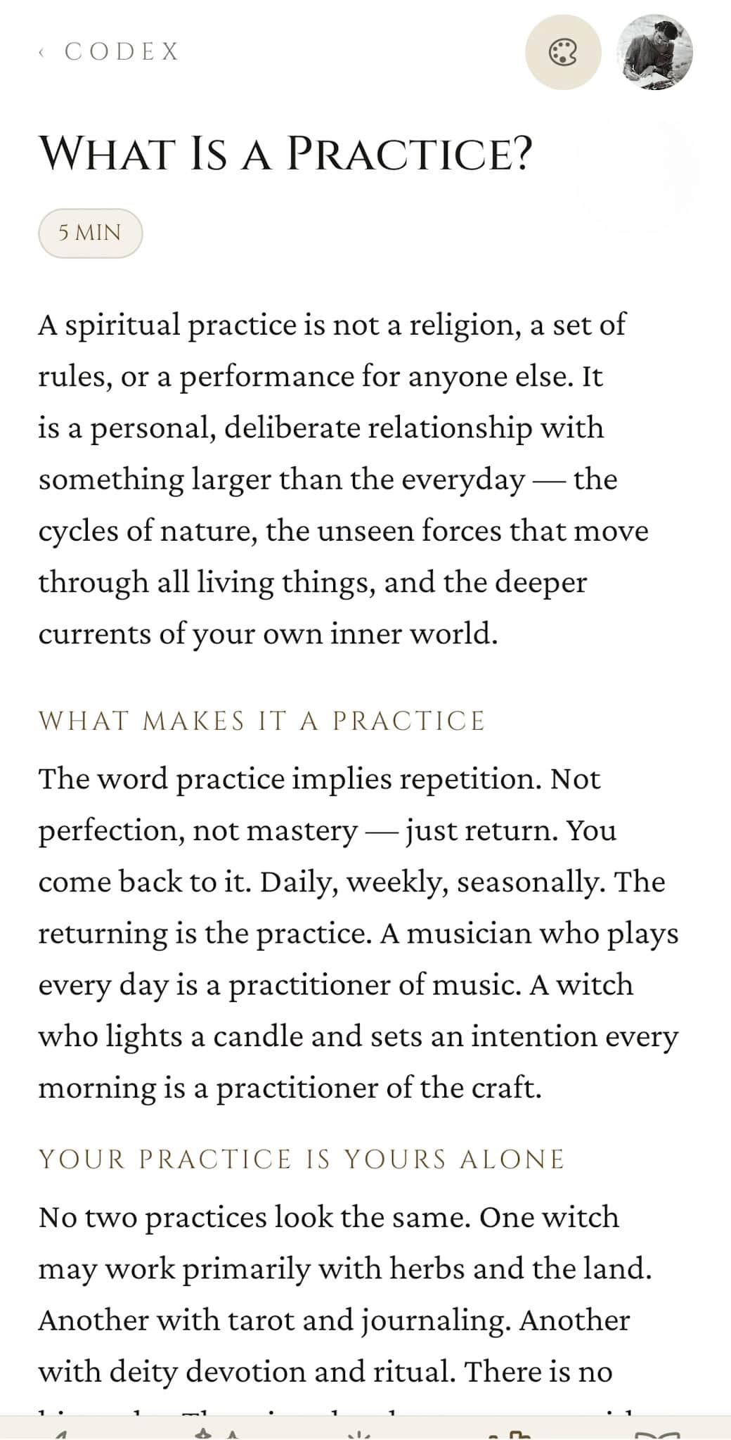 Single lesson view: What Is a Practice? with prose body and section headers (What Makes It a Practice, Your Practice Is Yours Alone)