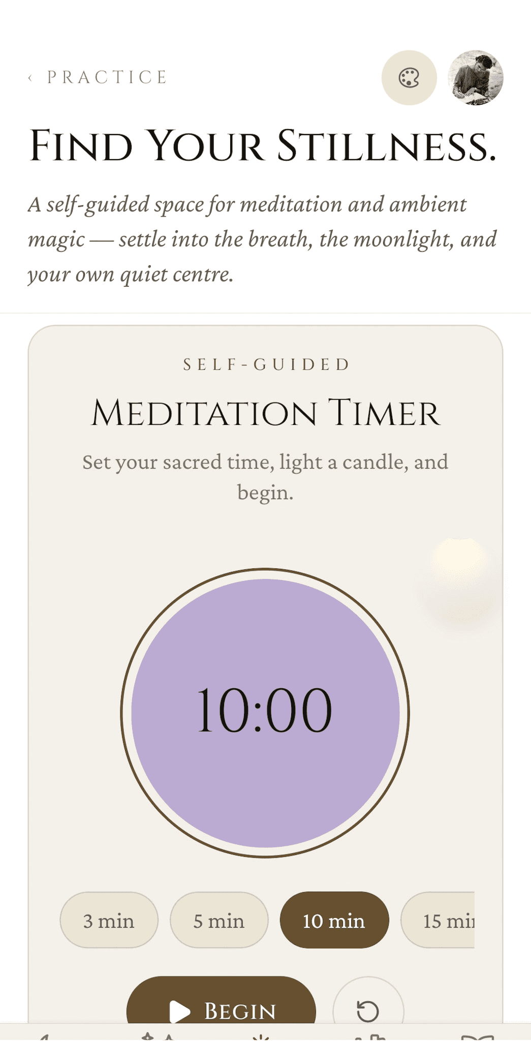 Meditation home — Find Your Stillness header, the Meditation Timer with a breathing ring, preset duration chips, and the Begin action