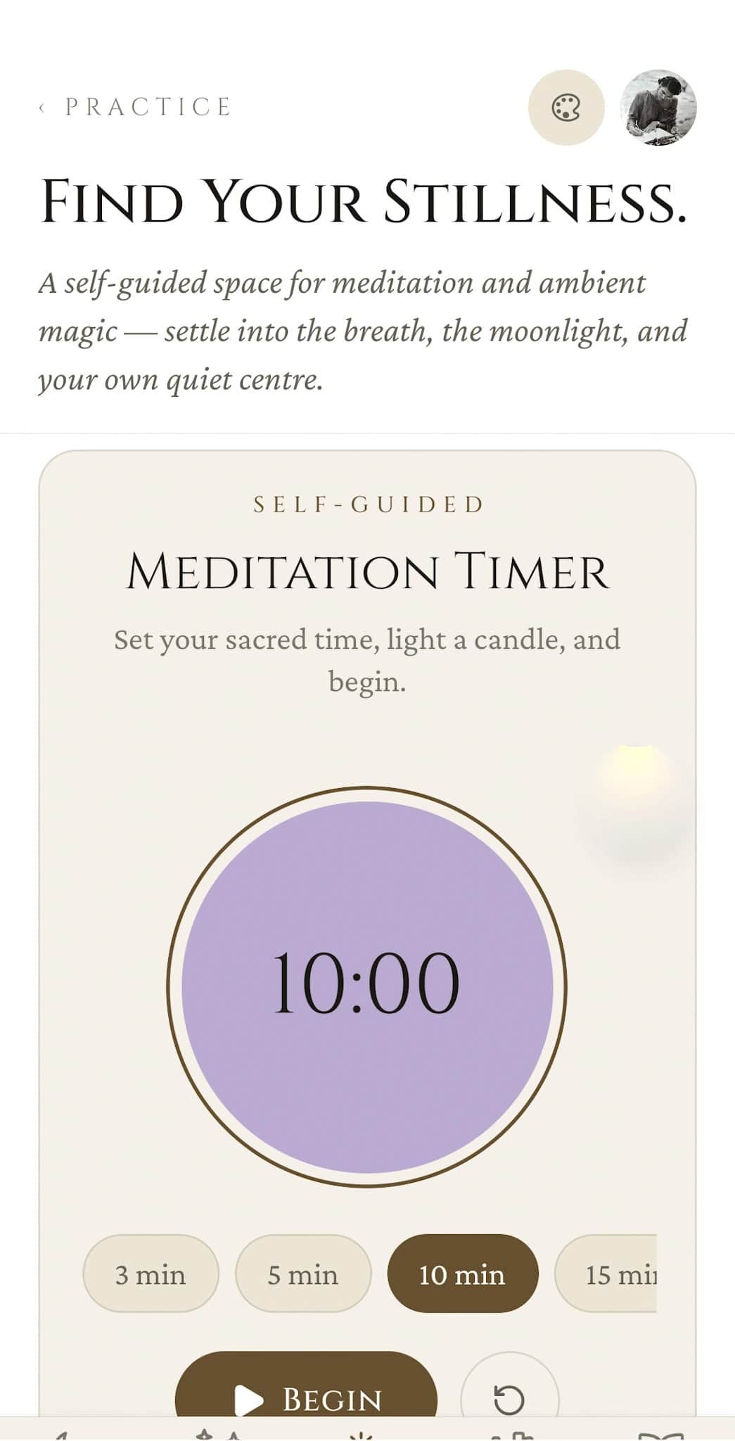 Meditation home: Find Your Stillness header, the Meditation Timer with a breathing ring, preset duration chips, and the Begin action